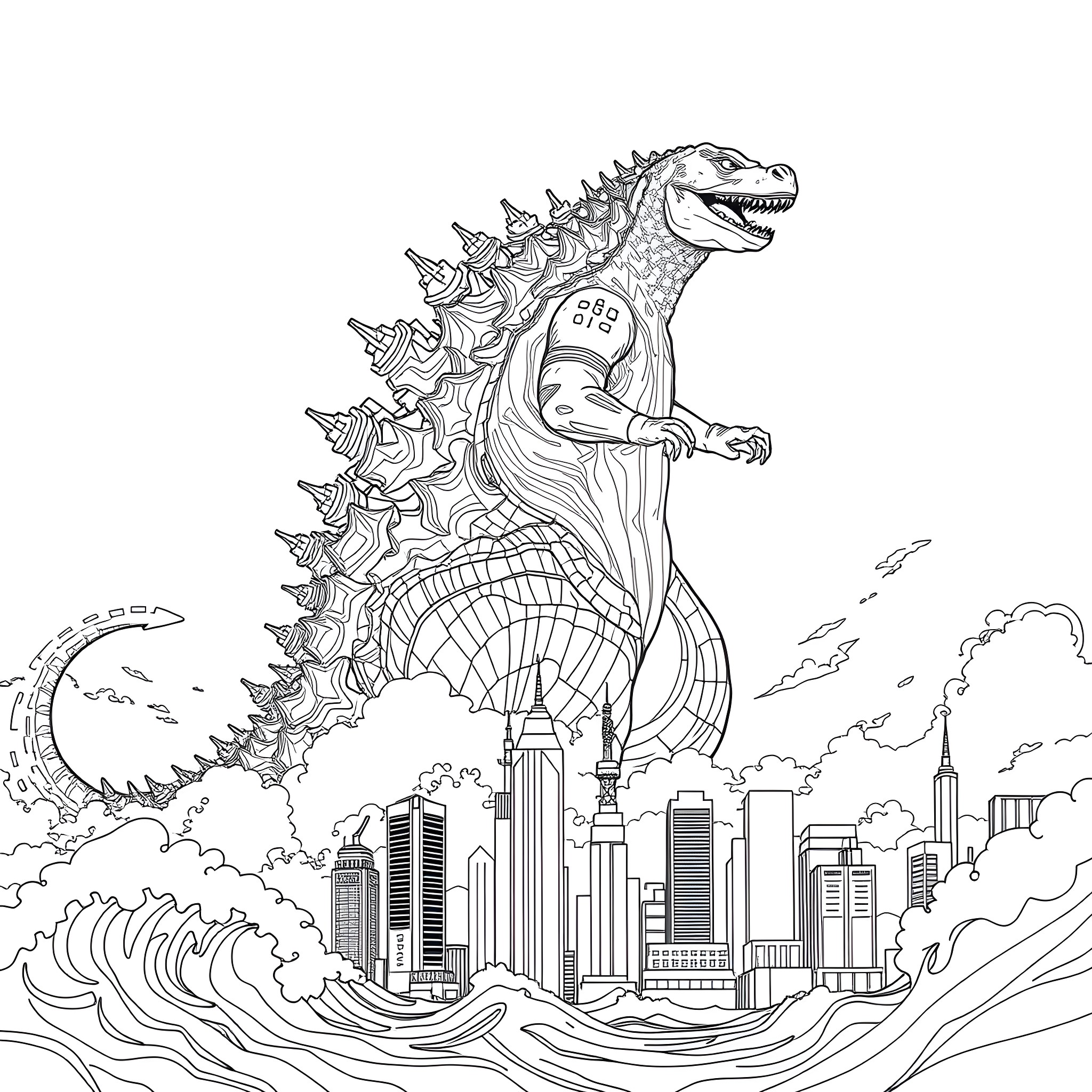 Godzilla Stomping Through the City Coloring Page (free black-and-white line drawing printable PDF for all, from beginners to advanced learners, including children, teens, adults, and seniors)
