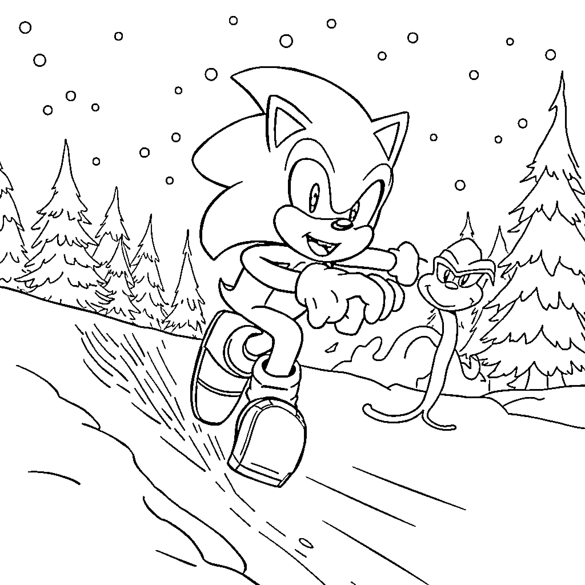 Sonic's Winter Adventure in the Snowy Forest Coloring Page (free black-and-white line drawing printable PDF for all, from beginners to advanced learners, including children, teens, adults, and seniors)