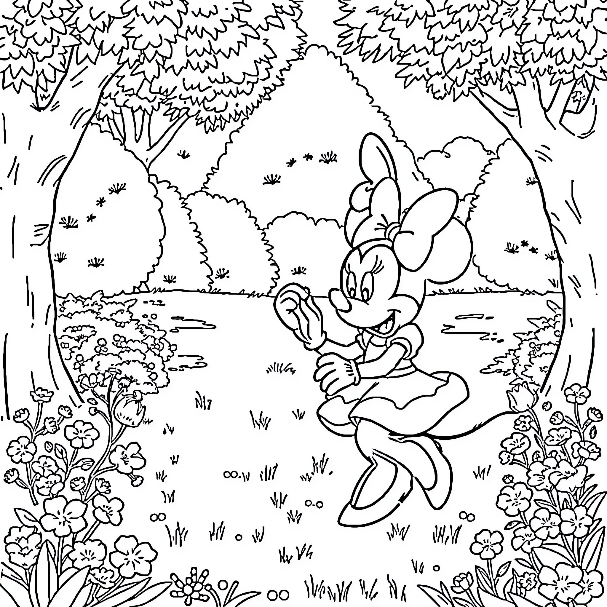 Poppy the Mouse in a Whimsical Forest Coloring Page (free black-and-white line drawing printable PDF for all, from beginners to advanced learners, including children, teens, adults, and seniors)