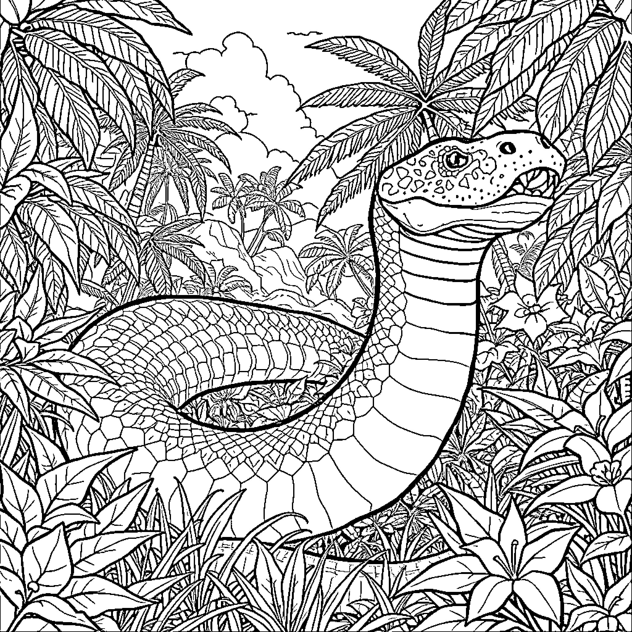 Titanoboa within the lush tropical foliage Coloring Page (free black-and-white line drawing printable PDF for all, from beginners to advanced learners, including children, teens, adults, and seniors)