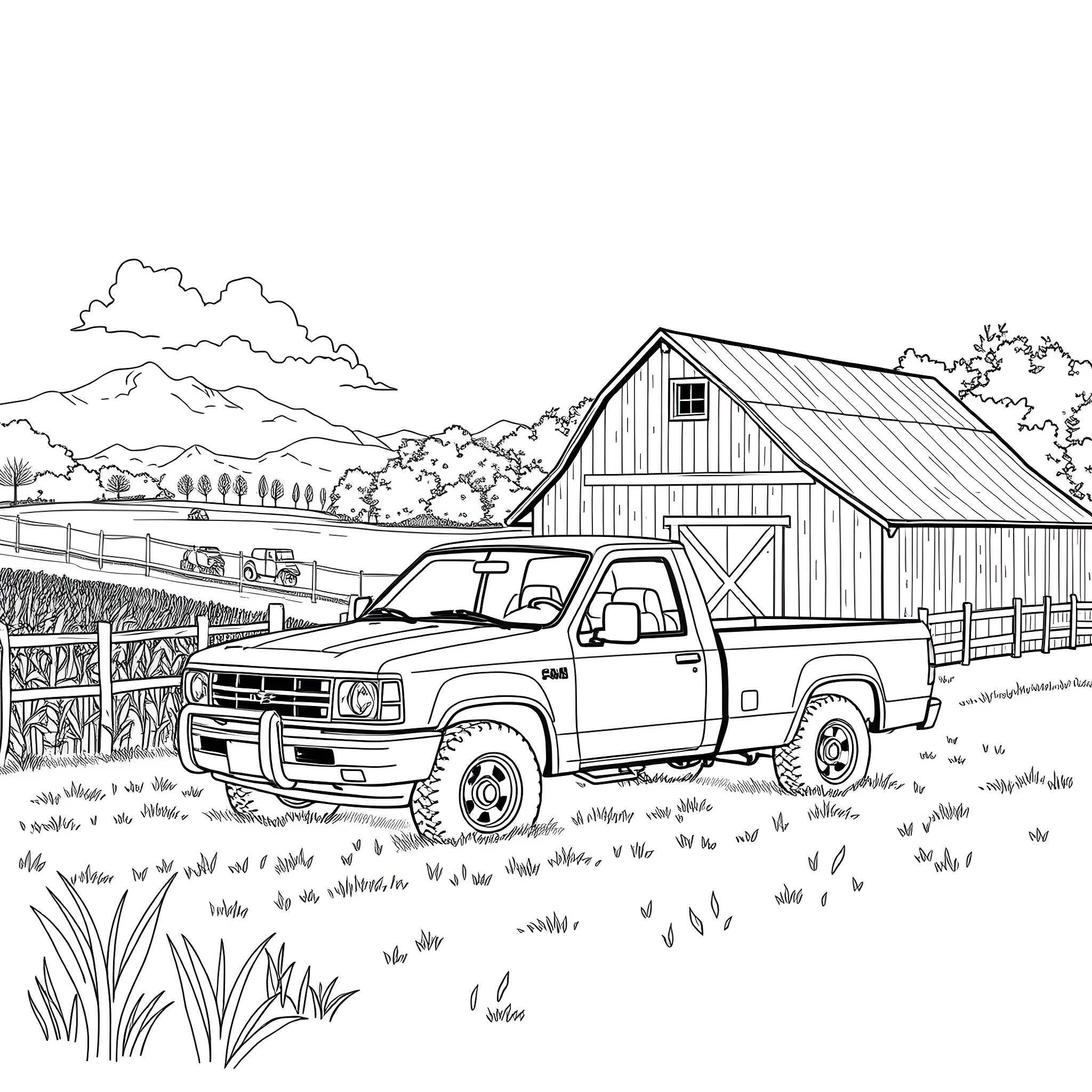 Pickup truck parked next to a rustic barn in a rural landscape Coloring Page (free black-and-white line drawing printable PDF for all, from beginners to advanced learners, including children, teens, adults, and seniors)