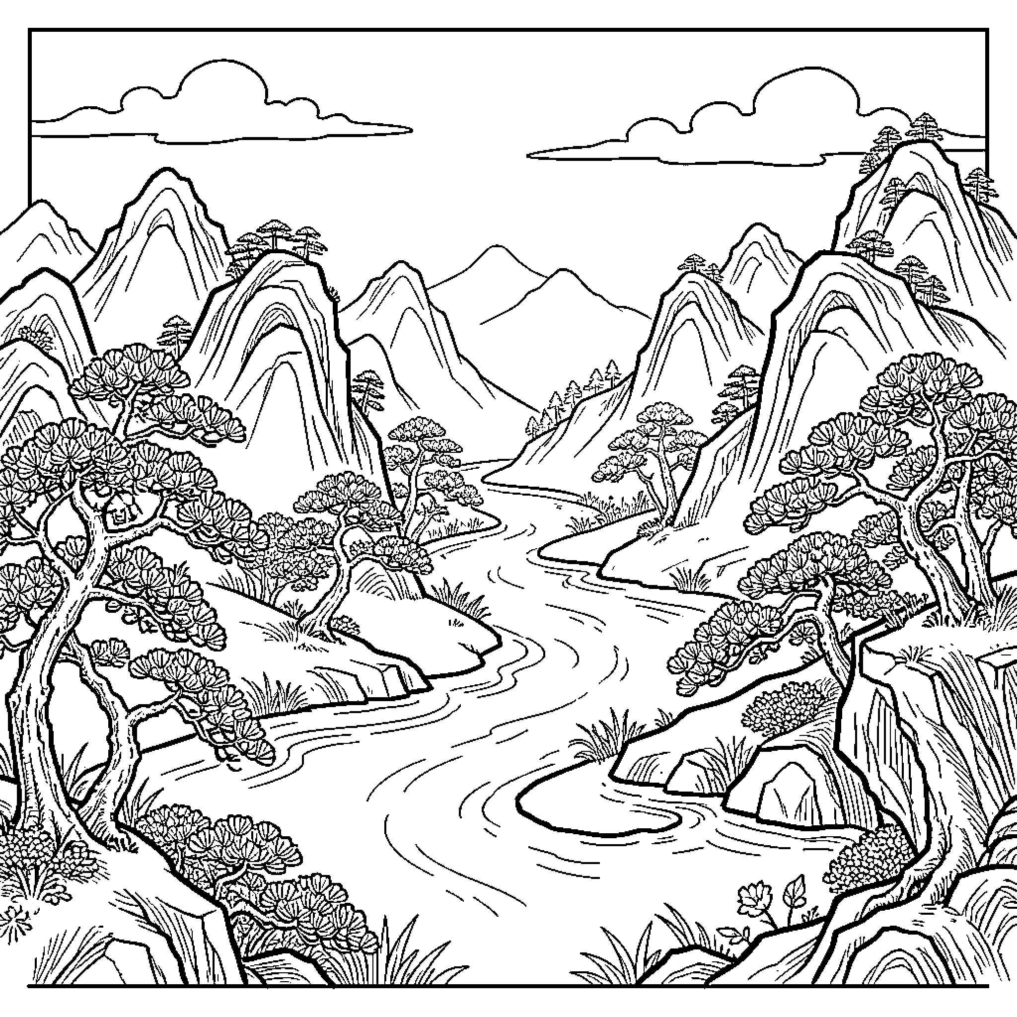 Nature featuring a winding river through mountain peaks Coloring Page (free black-and-white line drawing printable PDF for all, from beginners to advanced learners, including children, teens, adults, and seniors)