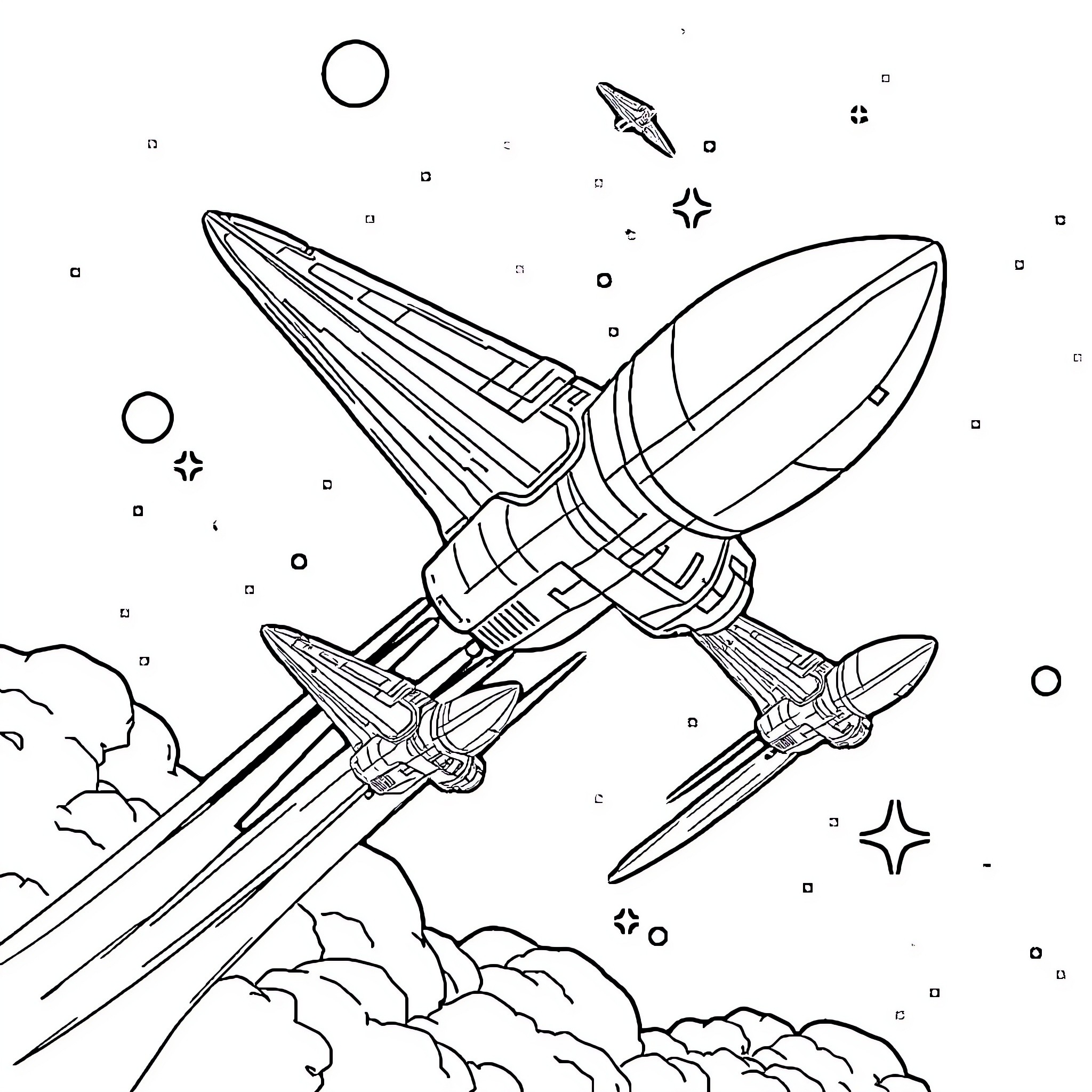 Spacecraft launching into the starry cosmos Coloring Page (free black-and-white line drawing printable PDF for all, from beginners to advanced learners, including children, teens, adults, and seniors)