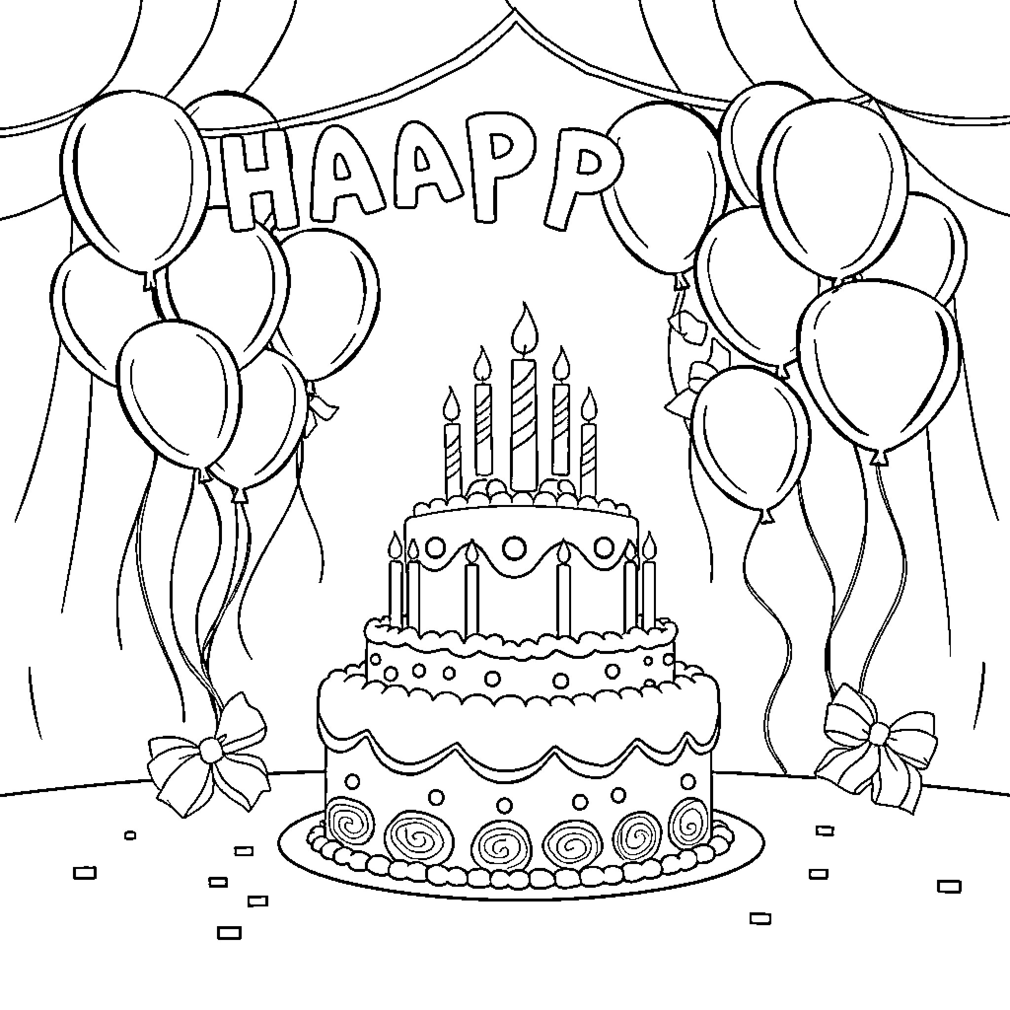 Belle's Happy Birthday Celebration with Cake and Balloons Coloring Page (free black-and-white line drawing printable PDF for all, from beginners to advanced learners, including children, teens, adults, and seniors)