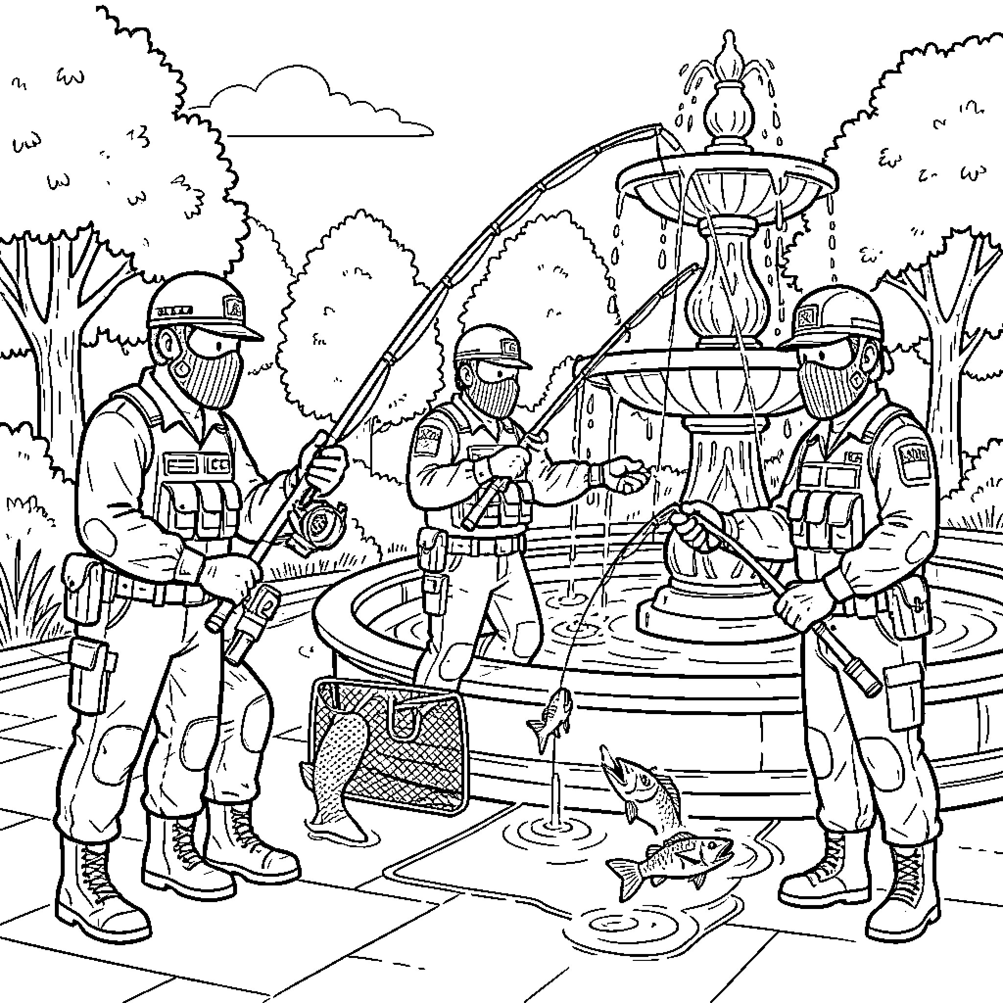 Ice Agent Tactical Maneuver at Outdoor Fountain Coloring Page (free black-and-white line drawing printable PDF for all, from beginners to advanced learners, including children, teens, adults, and seniors)