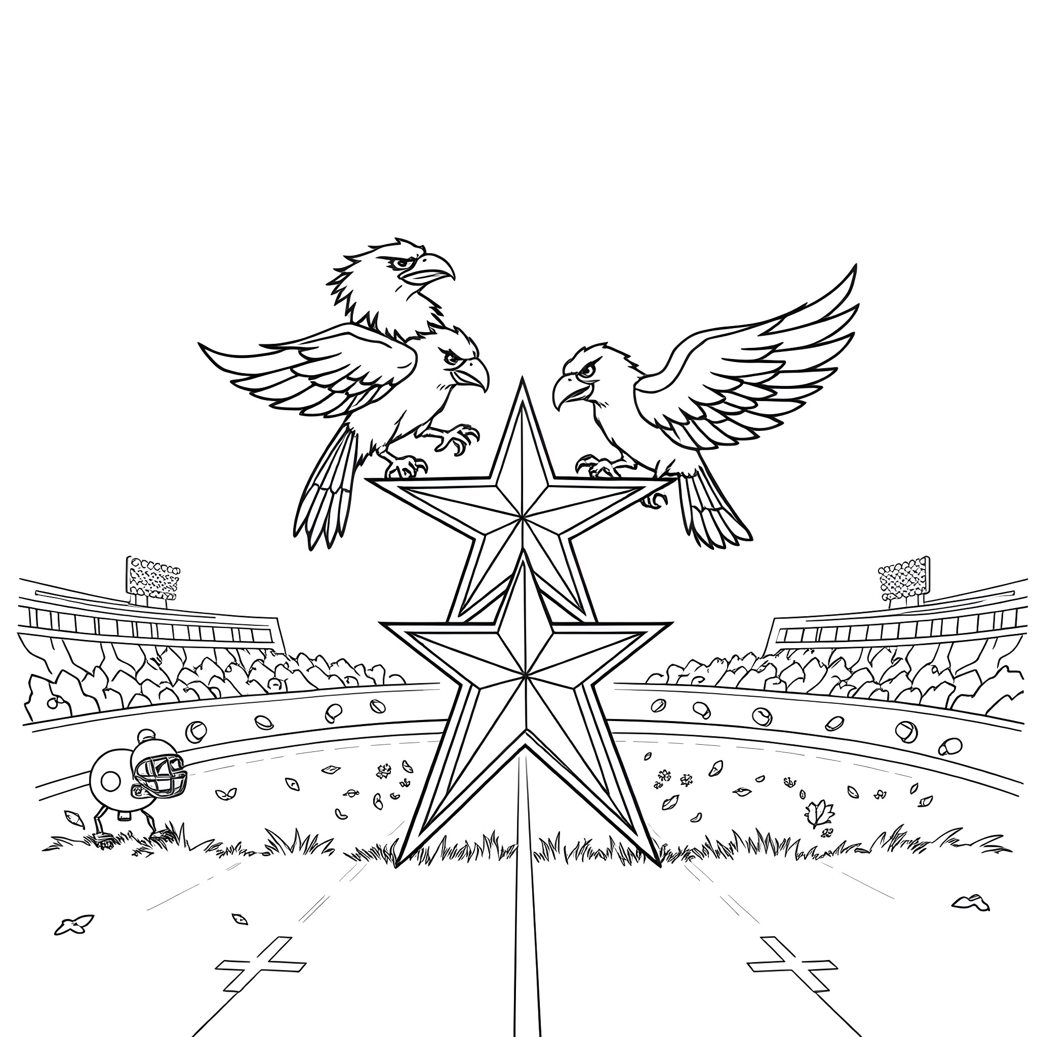 Eagles soaring over a stadium scene Coloring Page (free black-and-white line drawing printable PDF for all, from beginners to advanced learners, including children, teens, adults, and seniors)