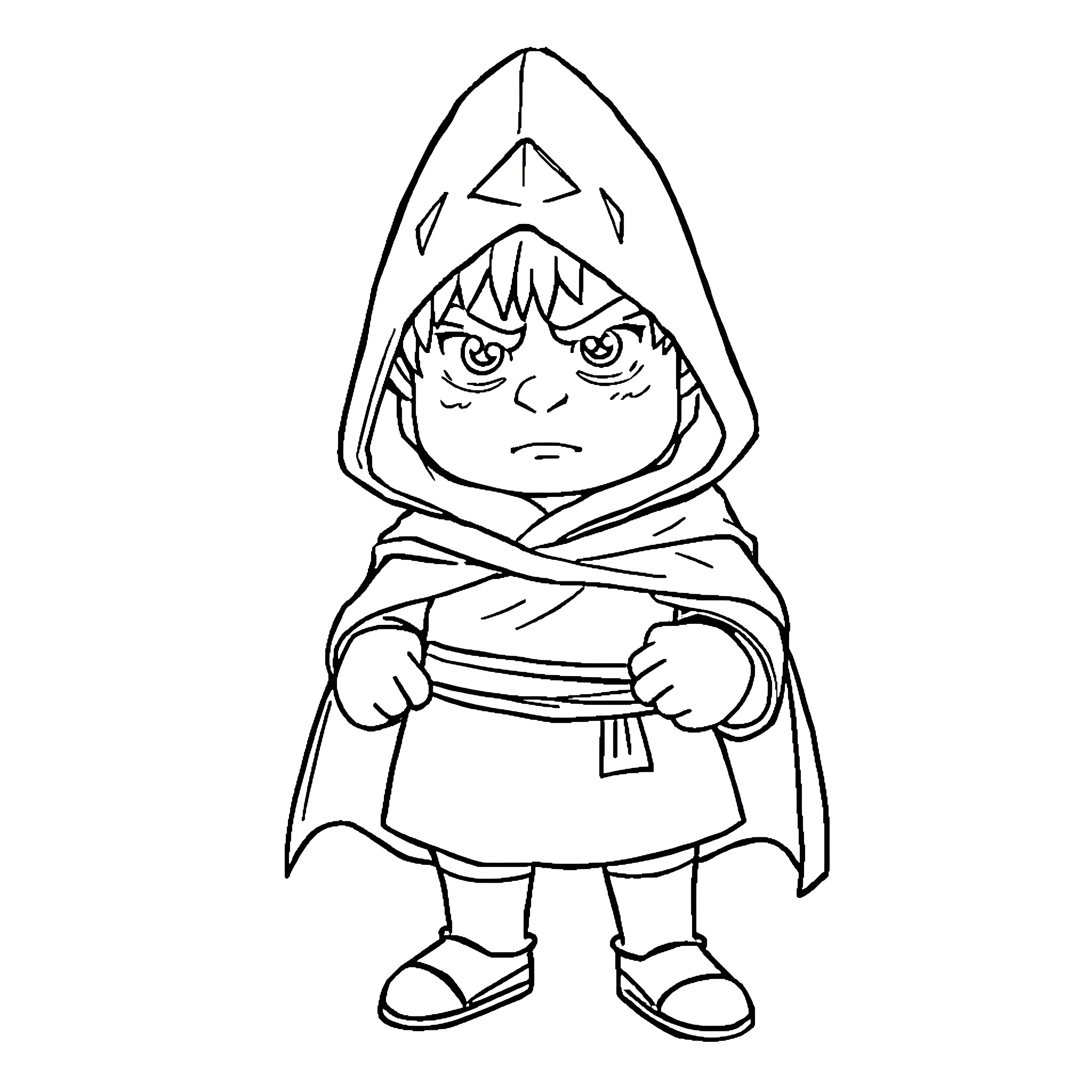 Patrick in hooded cloak with serious expression Coloring Page (free black-and-white line drawing printable PDF for all, from beginners to advanced learners, including children, teens, adults, and seniors)