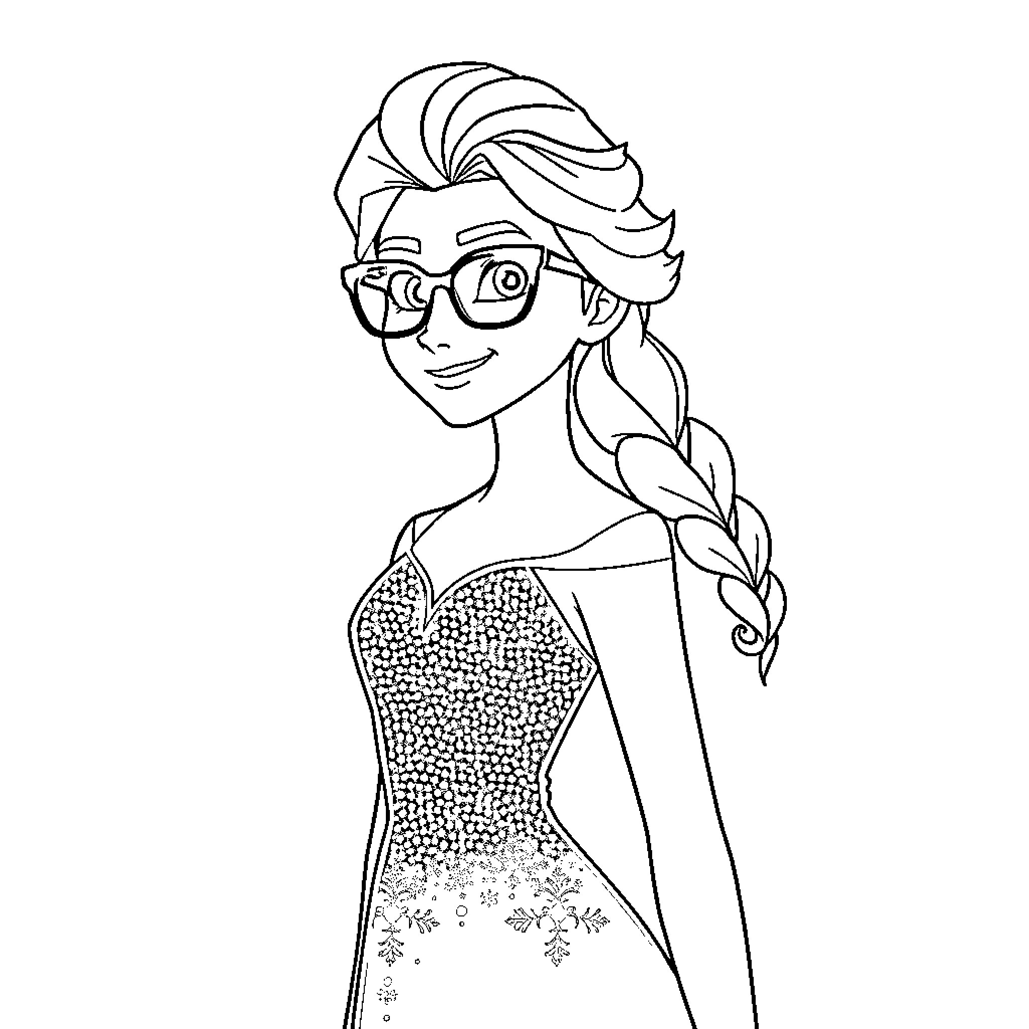 Elsa wearing glasses and floral dress smiling Coloring Page (free black-and-white line drawing printable PDF for all, from beginners to advanced learners, including children, teens, adults, and seniors)