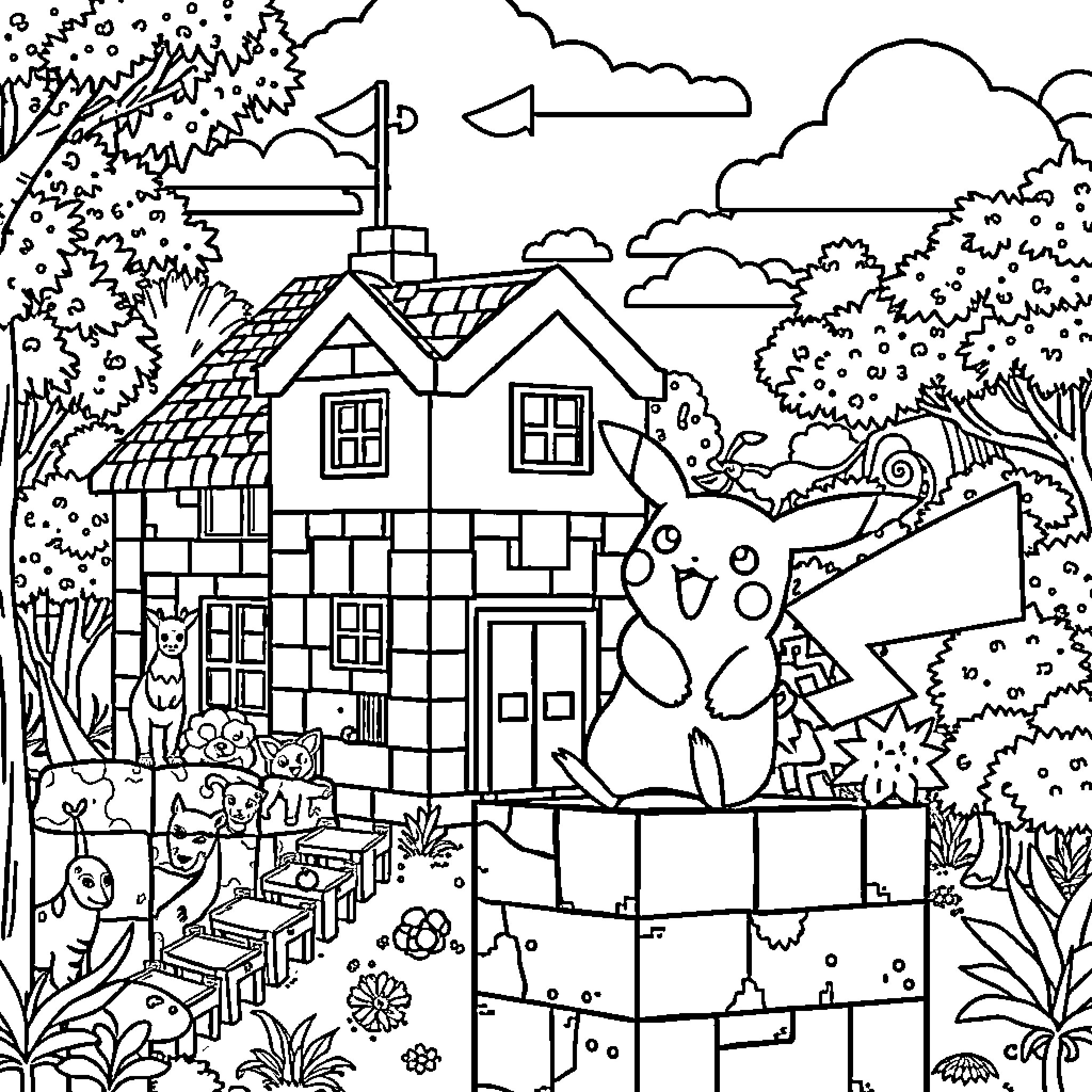 Pikachu exploring a cozy cottage in the forest Coloring Page (free black-and-white line drawing printable PDF for all, from beginners to advanced learners, including children, teens, adults, and seniors)