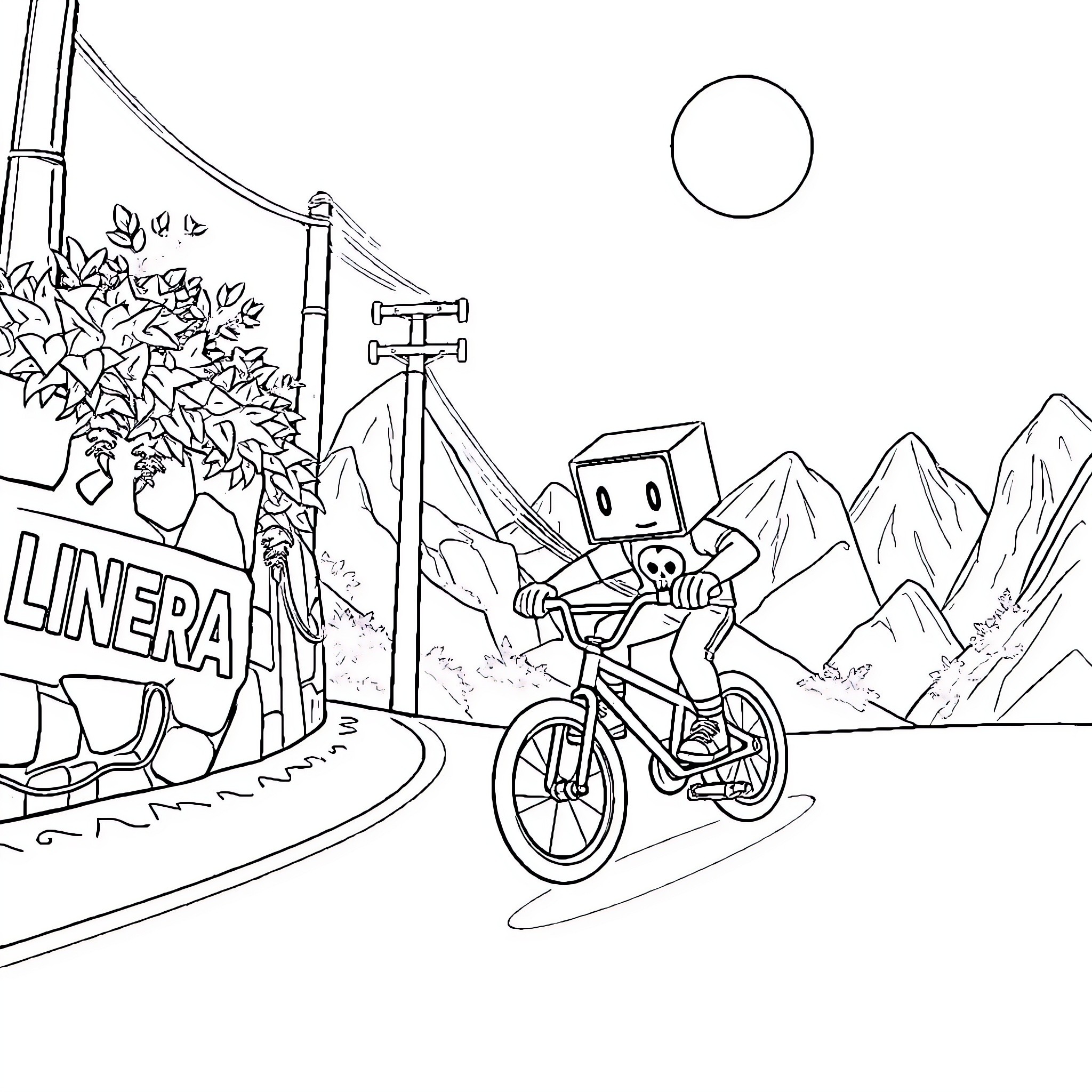 Box-Head character riding bicycle in mountain landscape Coloring Page (free black-and-white line drawing printable PDF for all, from beginners to advanced learners, including children, teens, adults, and seniors)