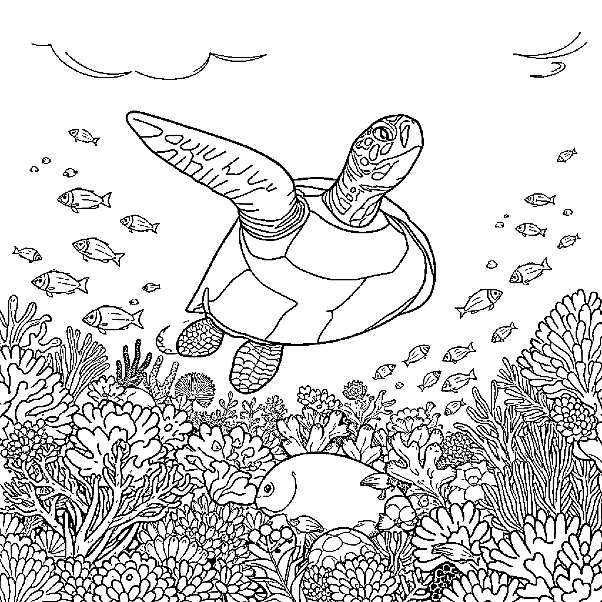 Sea Turtle swimming among colorful coral reefs Coloring Page (free black-and-white line drawing printable PDF for all, from beginners to advanced learners, including children, teens, adults, and seniors)
