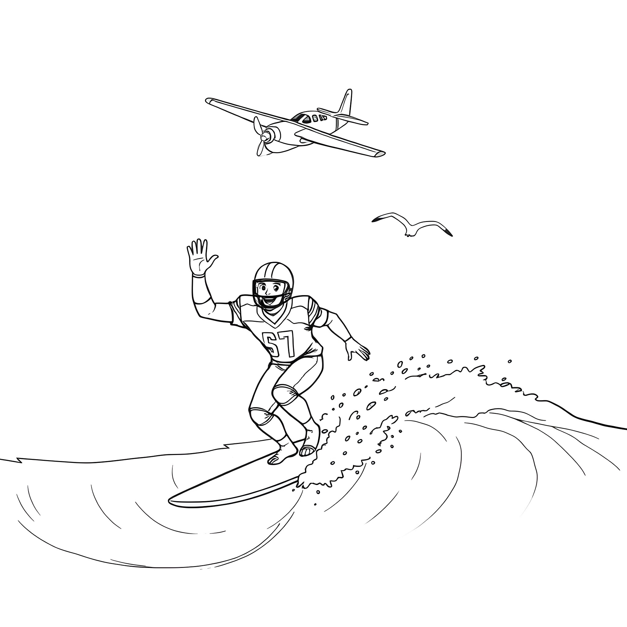 Football Player Surfing on a Wave Coloring Page (free black-and-white line drawing printable PDF for all, from beginners to advanced learners, including children, teens, adults, and seniors)