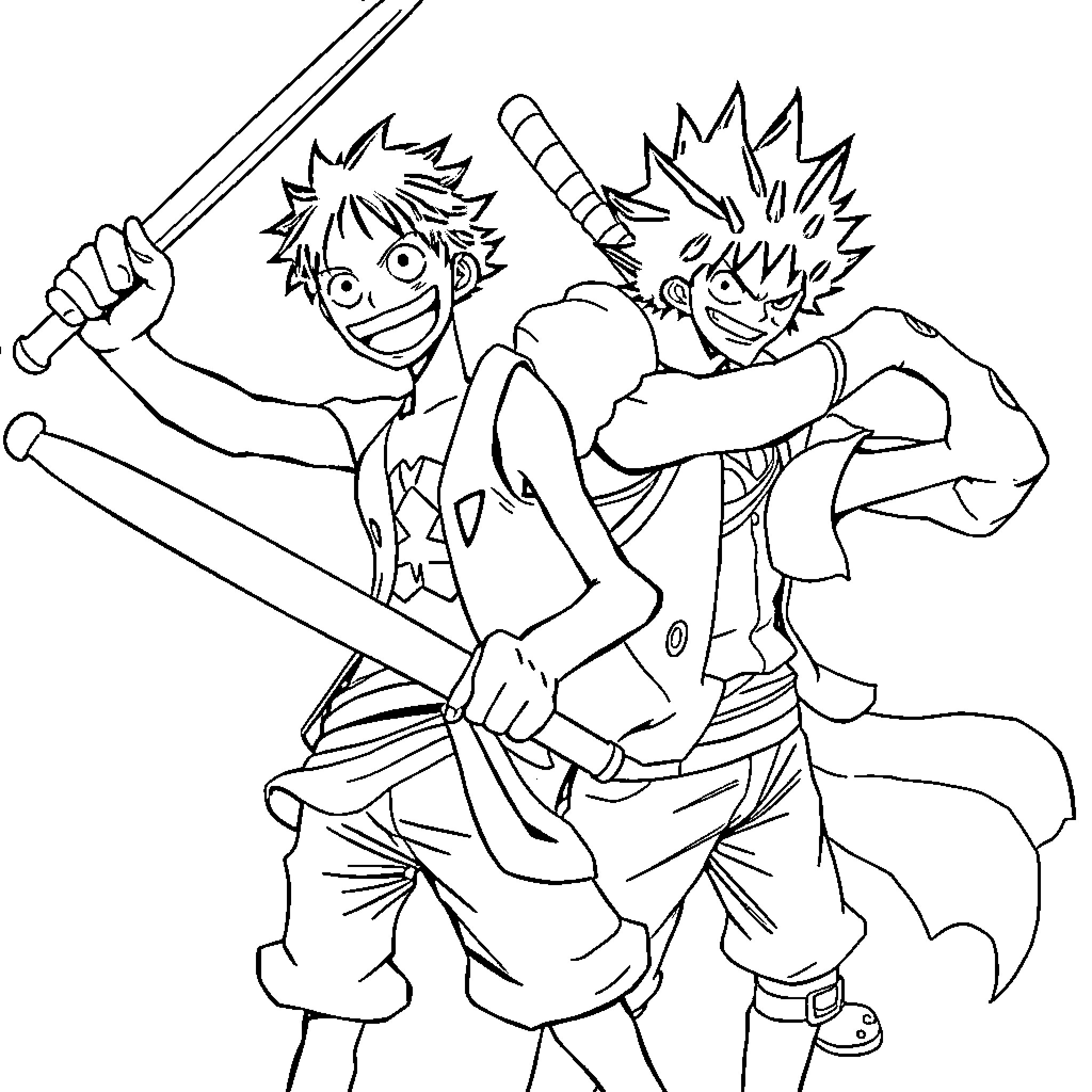 Luffy and Zoro in Action Poses Coloring Page (free black-and-white line drawing printable PDF for all, from beginners to advanced learners, including children, teens, adults, and seniors)