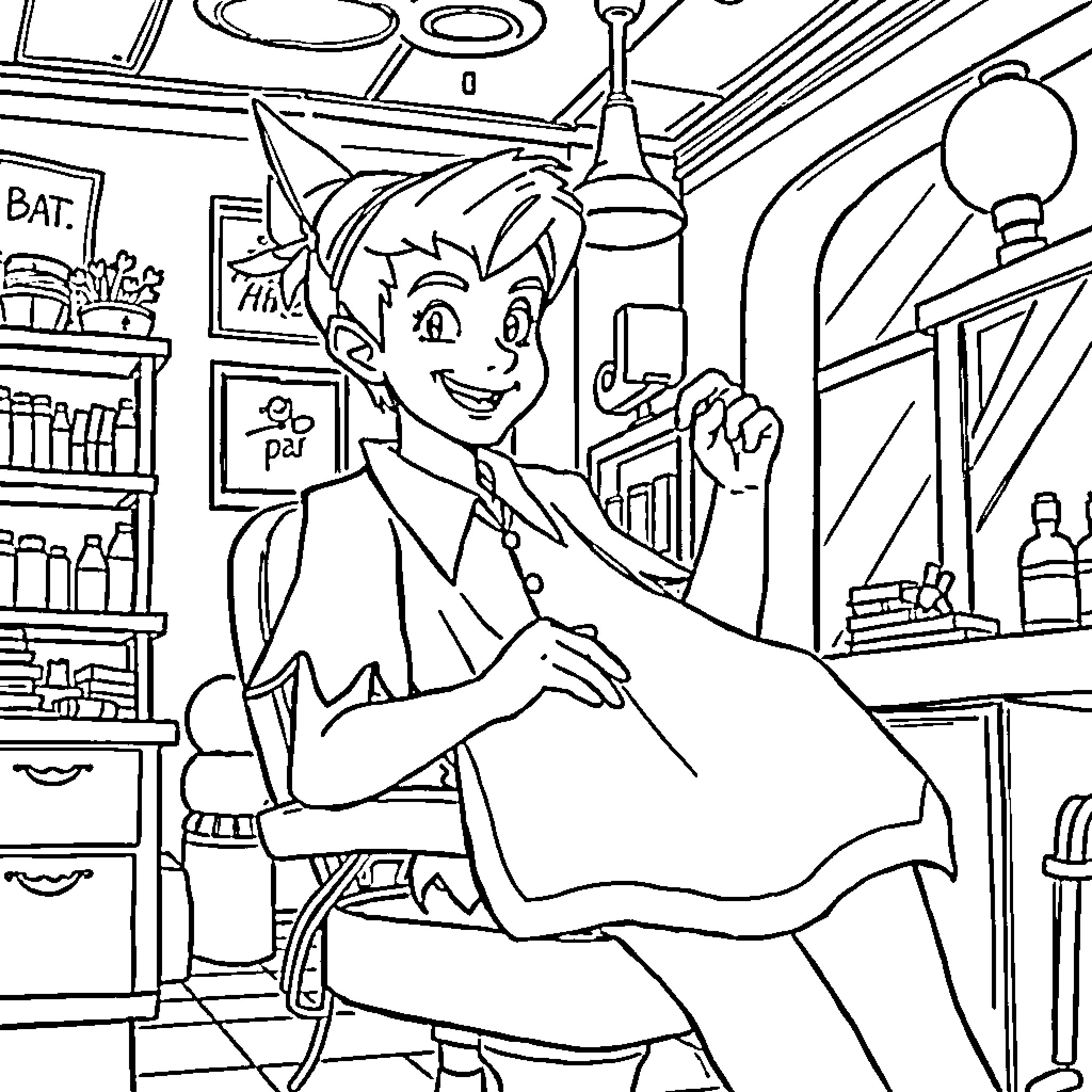 Peter Pan's Mischievous Adventures in the Workshop Coloring Page (free black-and-white line drawing printable PDF for all, from beginners to advanced learners, including children, teens, adults, and seniors)