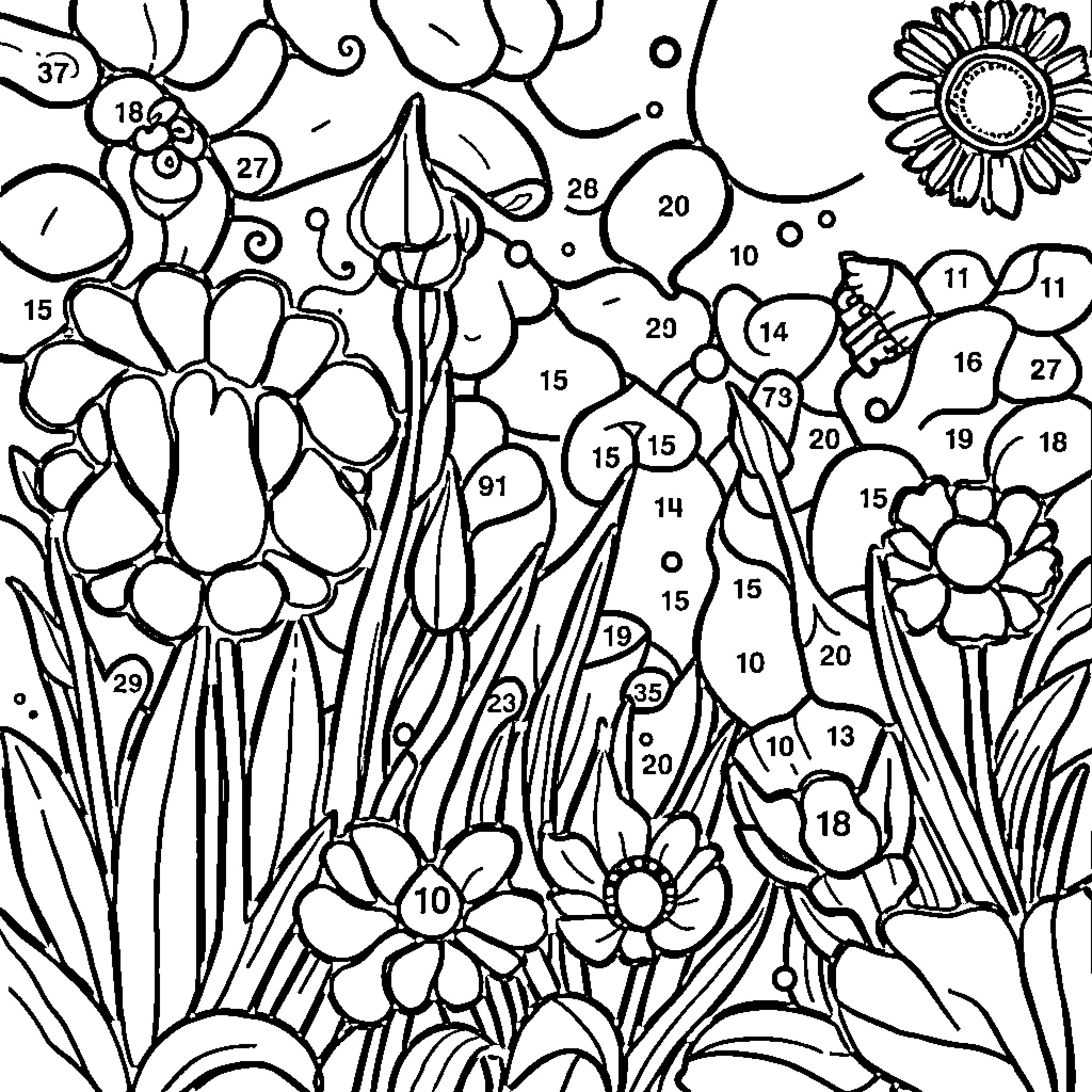 Color By Number Garden Blooming with Vibrant Flowers Coloring Page (free black-and-white line drawing printable PDF for all, from beginners to advanced learners, including children, teens, adults, and seniors)