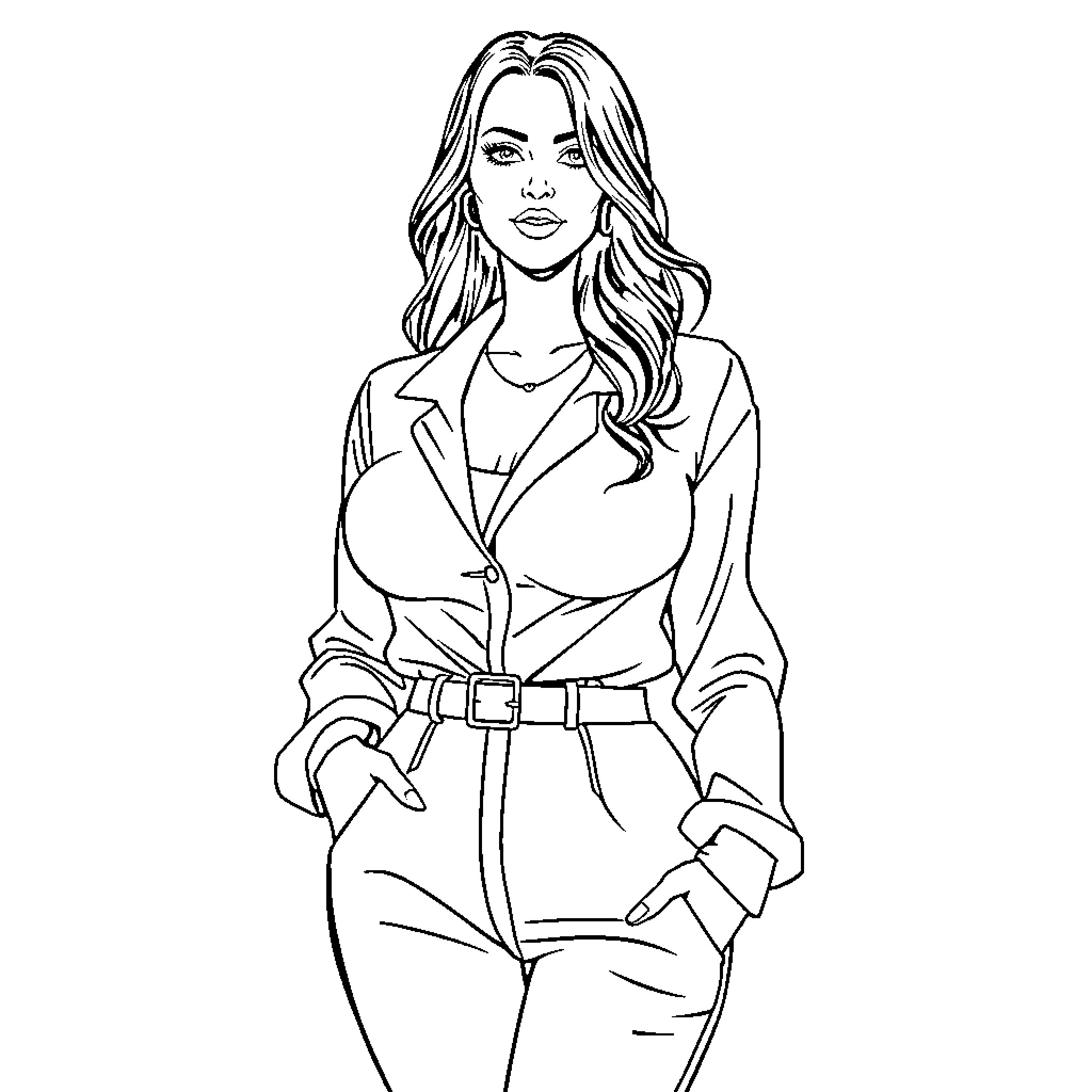 Woman in stylish business attire with confident expression Coloring Page (free black-and-white line drawing printable PDF for all, from beginners to advanced learners, including children, teens, adults, and seniors)
