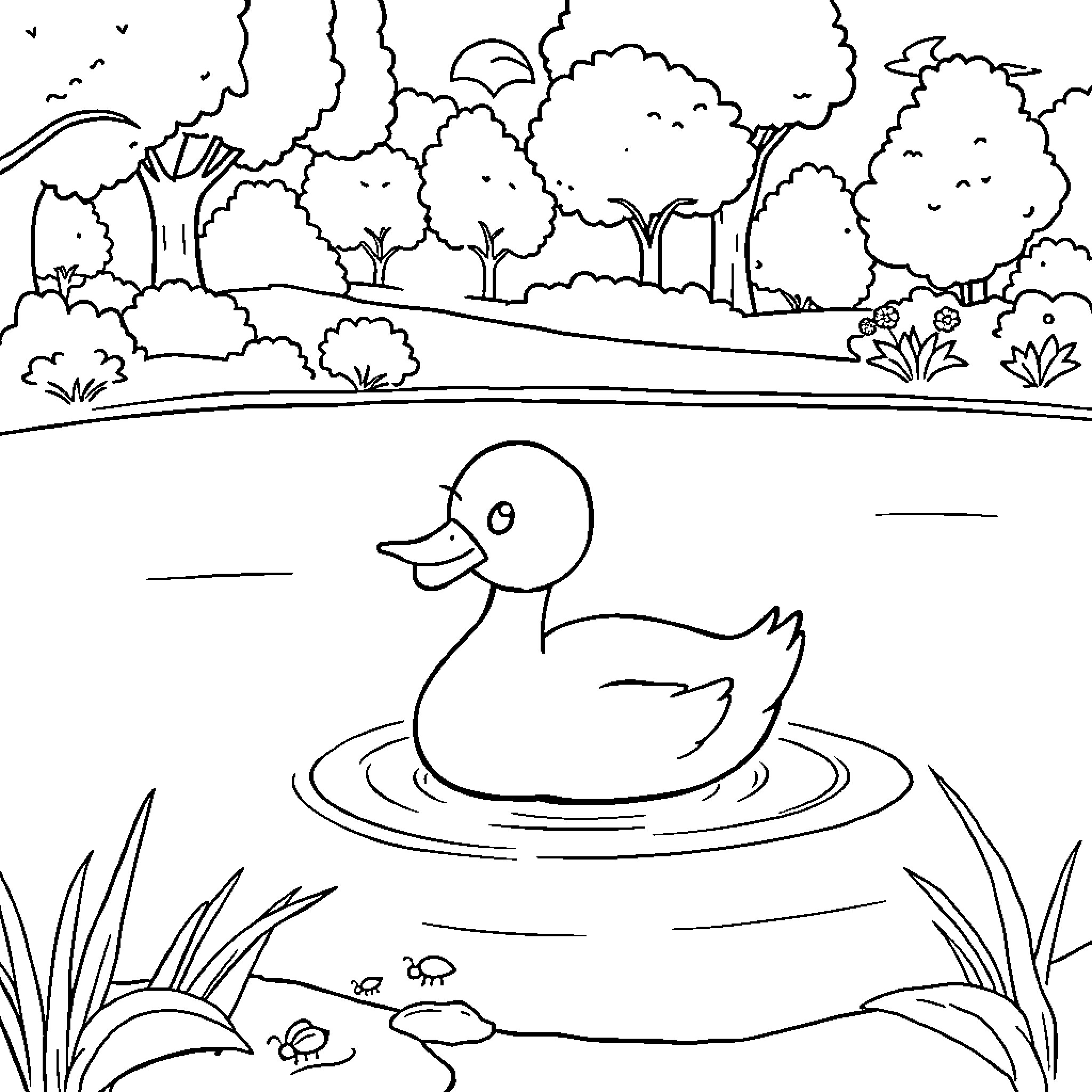 Duck swimming peacefully in the pond Coloring Page (free black-and-white line drawing printable PDF for all, from beginners to advanced learners, including children, teens, adults, and seniors)