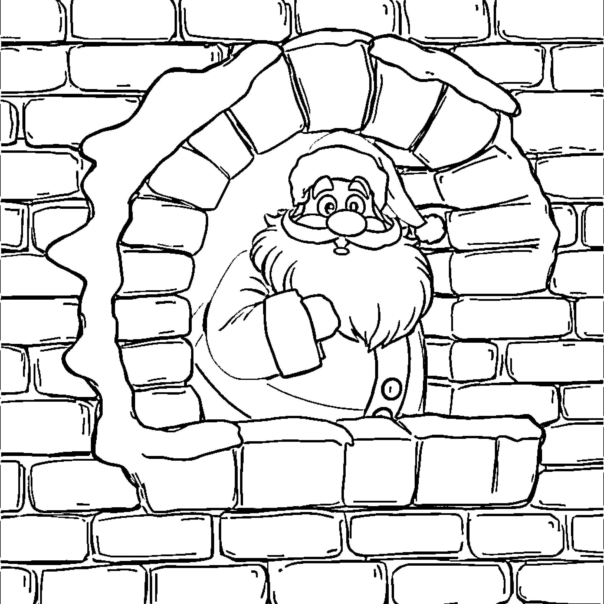 Santa Claus peeking through a brick wall Coloring Page (free black-and-white line drawing printable PDF for all, from beginners to advanced learners, including children, teens, adults, and seniors)