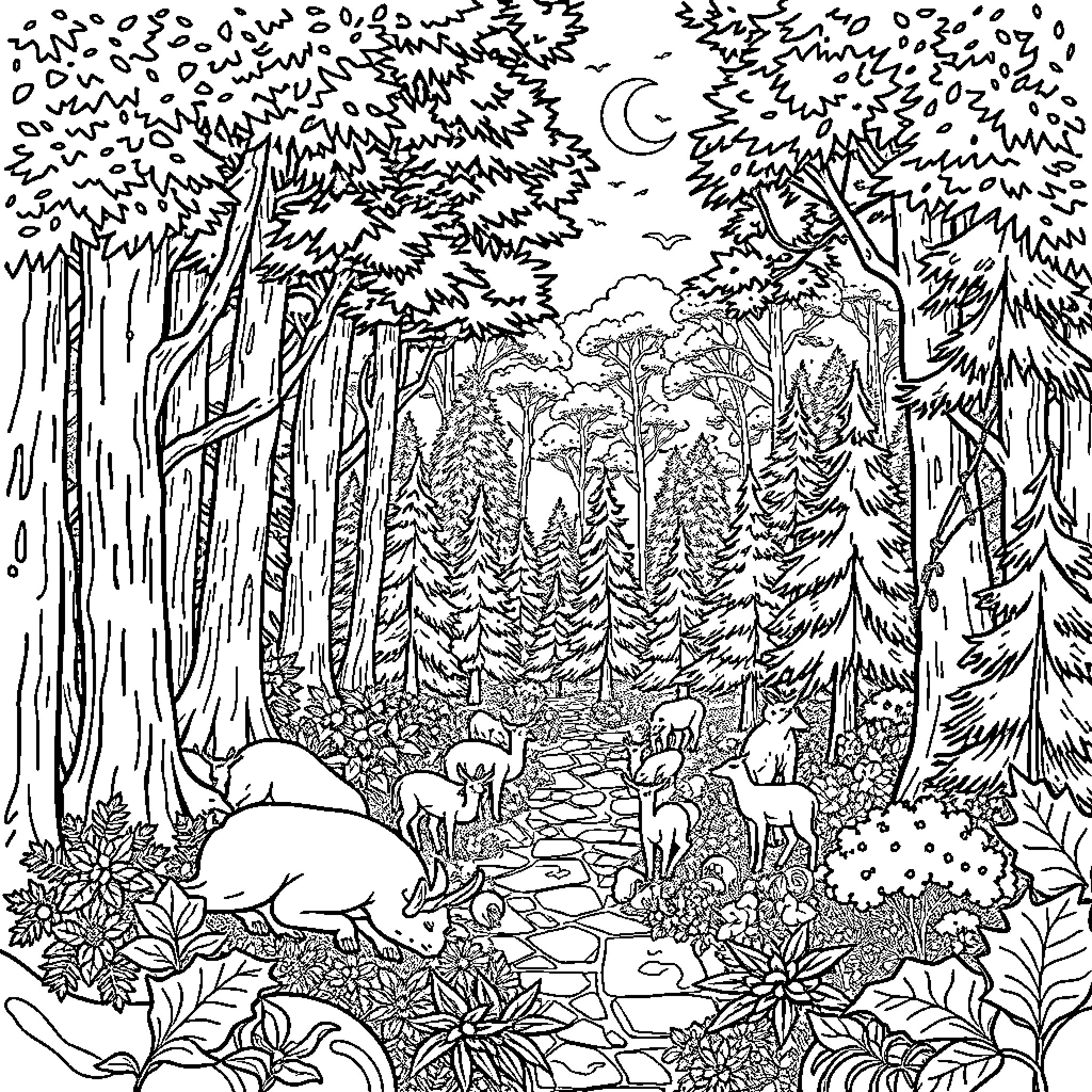Forest Scene with Deer and Moonlit Night Coloring Page (free black-and-white line drawing printable PDF for all, from beginners to advanced learners, including children, teens, adults, and seniors)