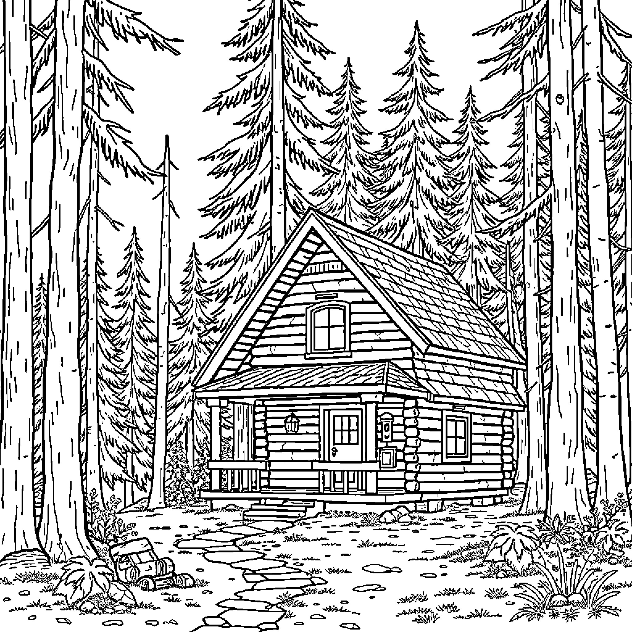 Cabin in the forest surrounded by pine trees Coloring Page (free black-and-white line drawing printable PDF for all, from beginners to advanced learners, including children, teens, adults, and seniors)