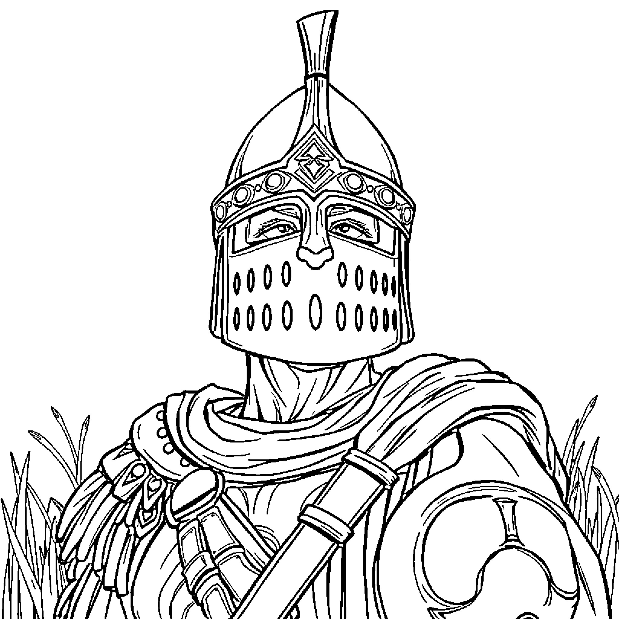 Warrior in ornate helmet carrying a shield Coloring Page (free black-and-white line drawing printable PDF for all, from beginners to advanced learners, including children, teens, adults, and seniors)