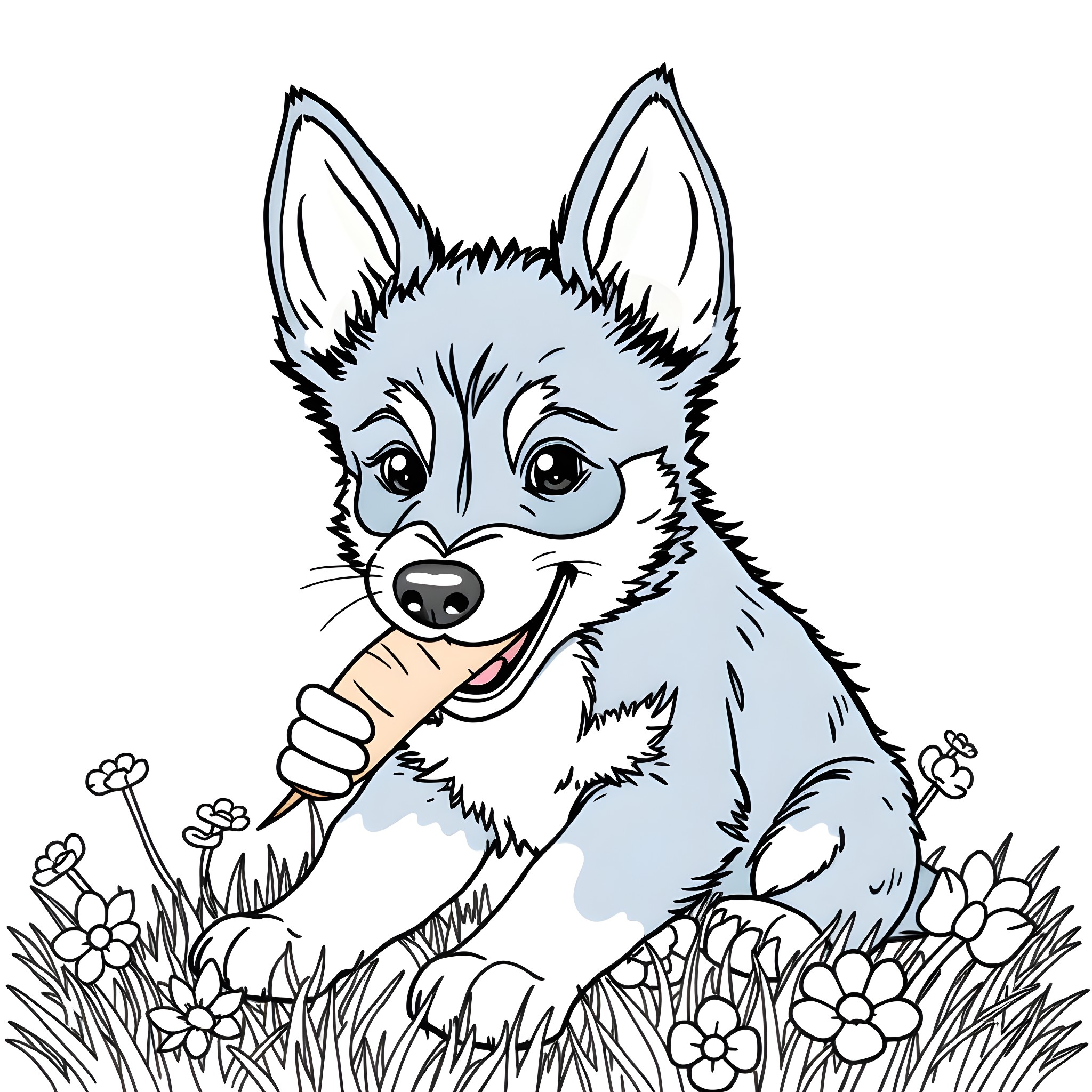 Bluey exploring the meadow with a flower Coloring Page (free black-and-white line drawing printable PDF for all, from beginners to advanced learners, including children, teens, adults, and seniors)