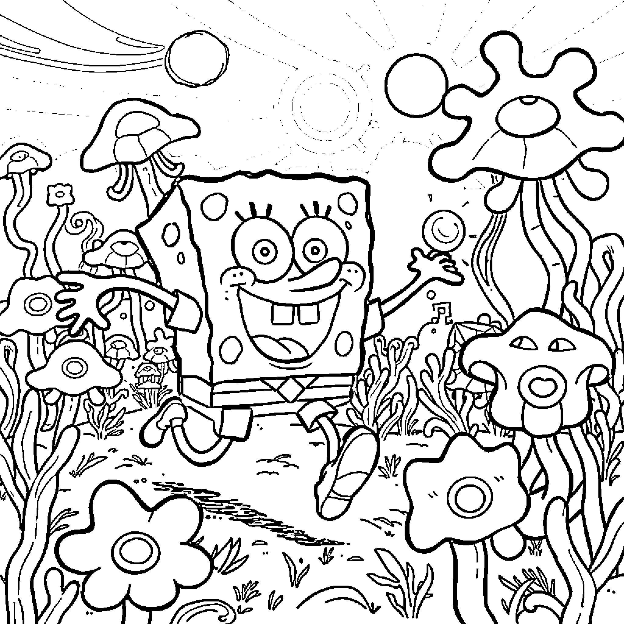 Spongebob and friends in an underwater scene Coloring Page (free black-and-white line drawing printable PDF for all, from beginners to advanced learners, including children, teens, adults, and seniors)