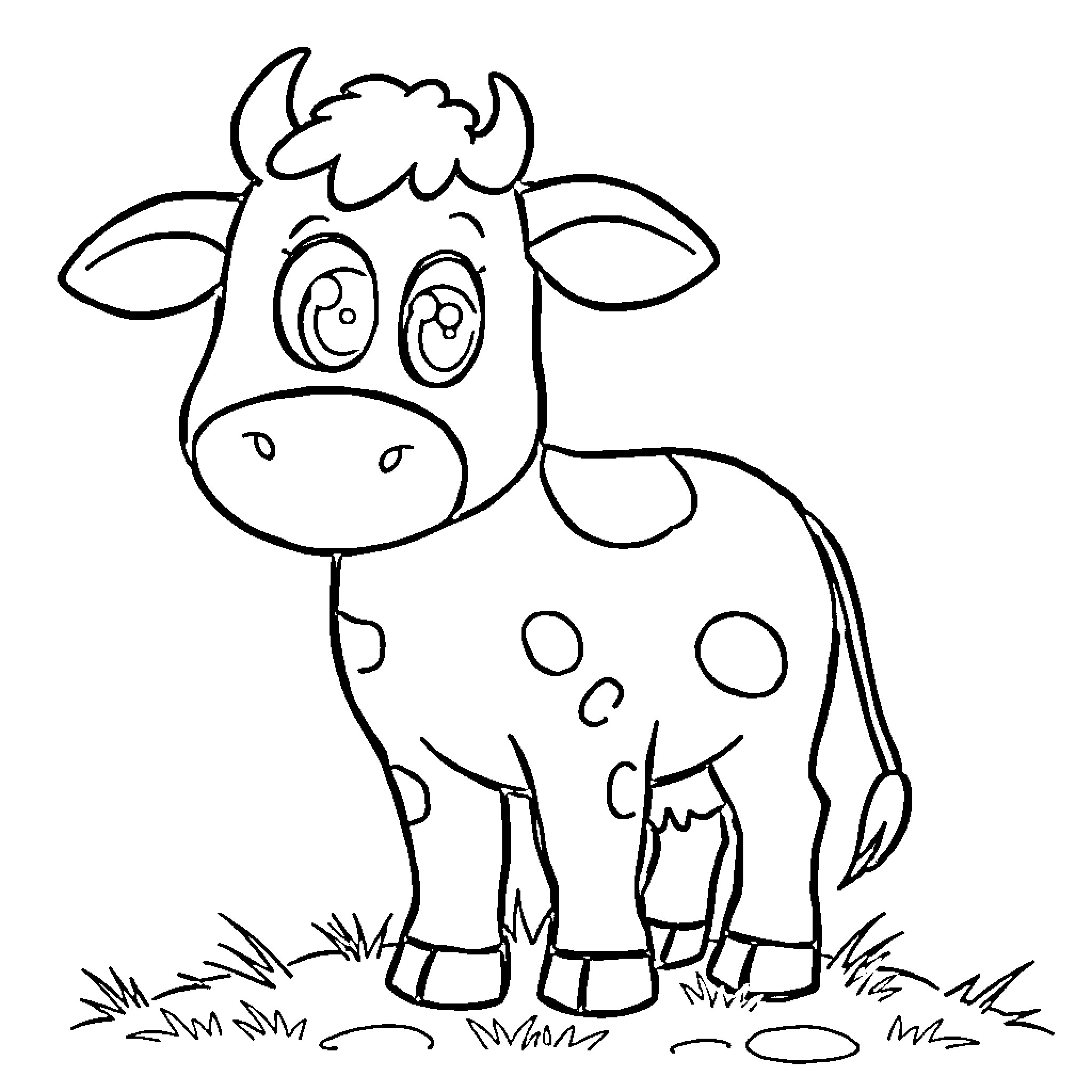Cow standing in a field Coloring Page (free black-and-white line drawing printable PDF for all, from beginners to advanced learners, including children, teens, adults, and seniors)