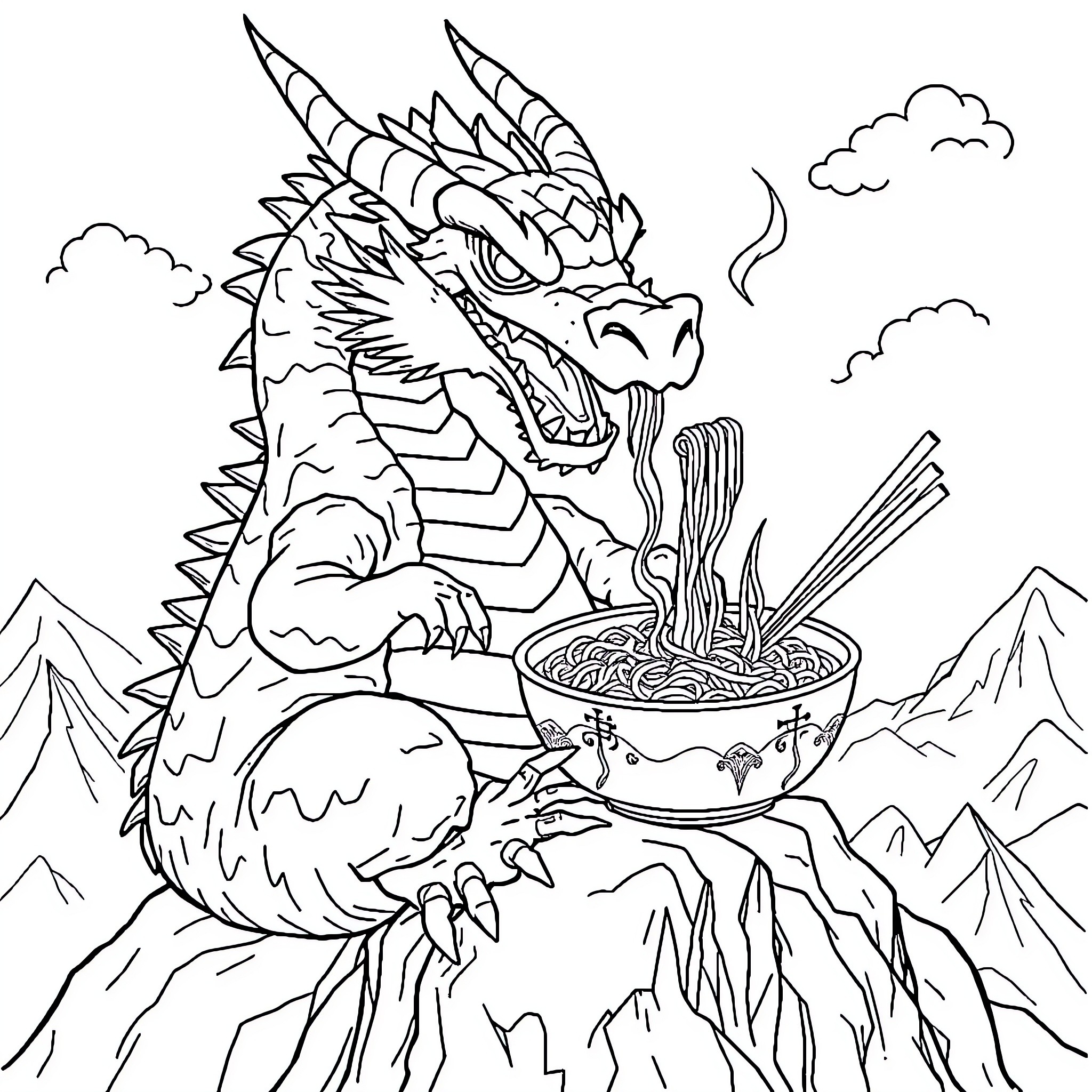 Dragon Cooking Noodles in the Mountains Coloring Page (free black-and-white line drawing printable PDF for all, from beginners to advanced learners, including children, teens, adults, and seniors)