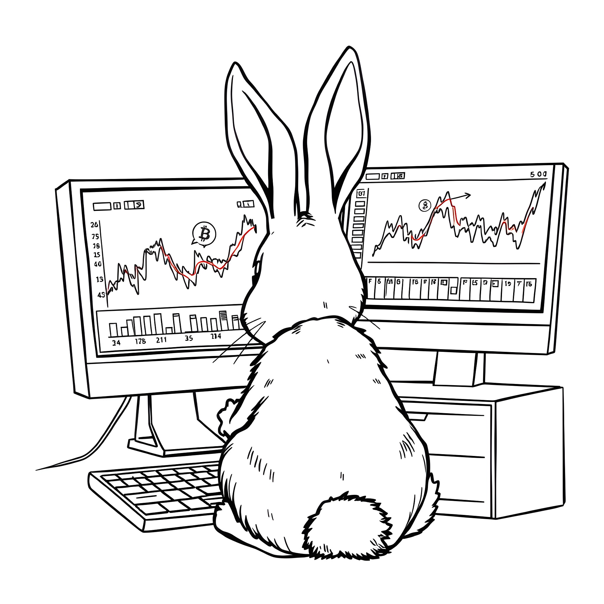 Rabbit analyzing stock market data on multiple screens Coloring Page (free black-and-white line drawing printable PDF for all, from beginners to advanced learners, including children, teens, adults, and seniors)