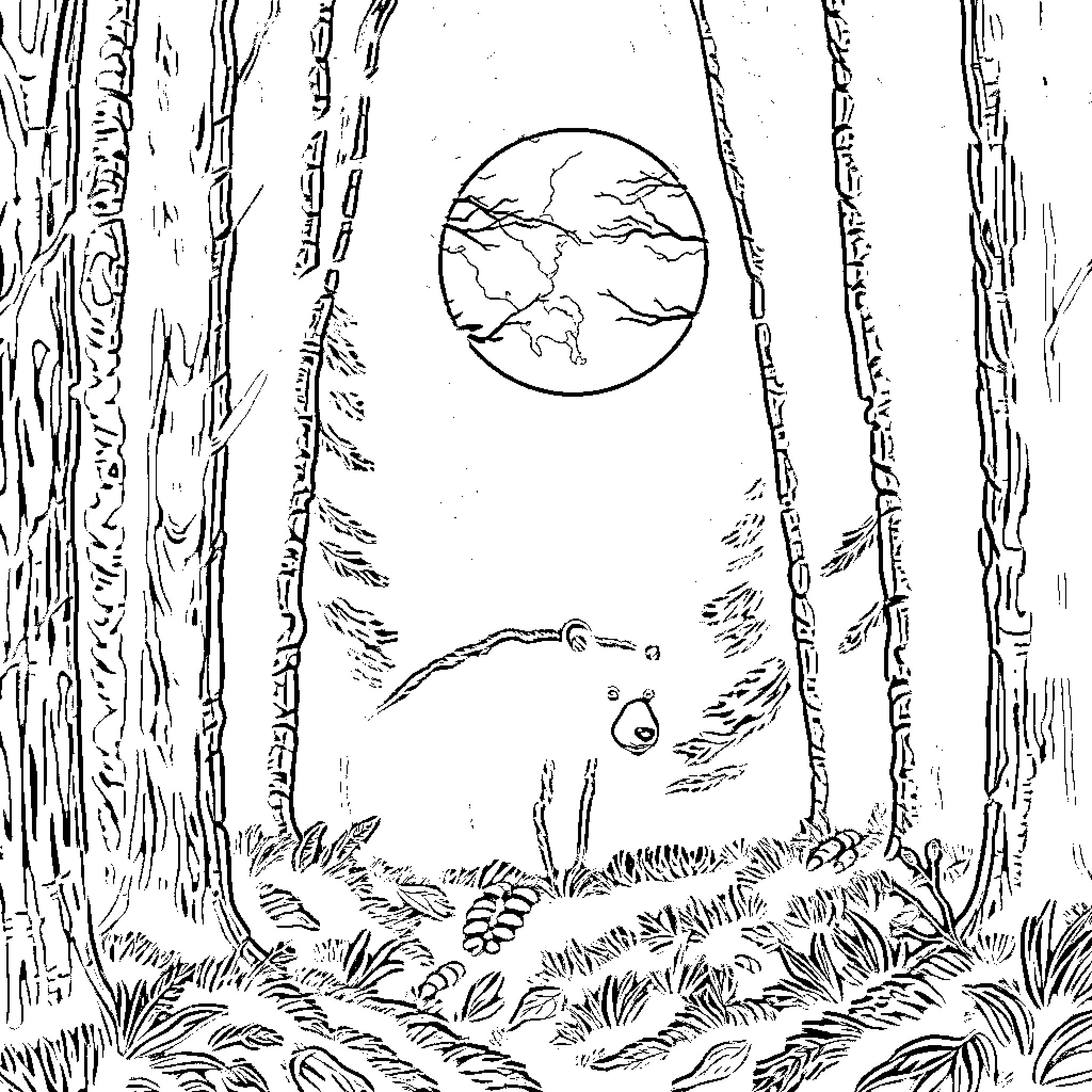 Bear wandering through a spooky forest at night Coloring Page (free black-and-white line drawing printable PDF for all, from beginners to advanced learners, including children, teens, adults, and seniors)