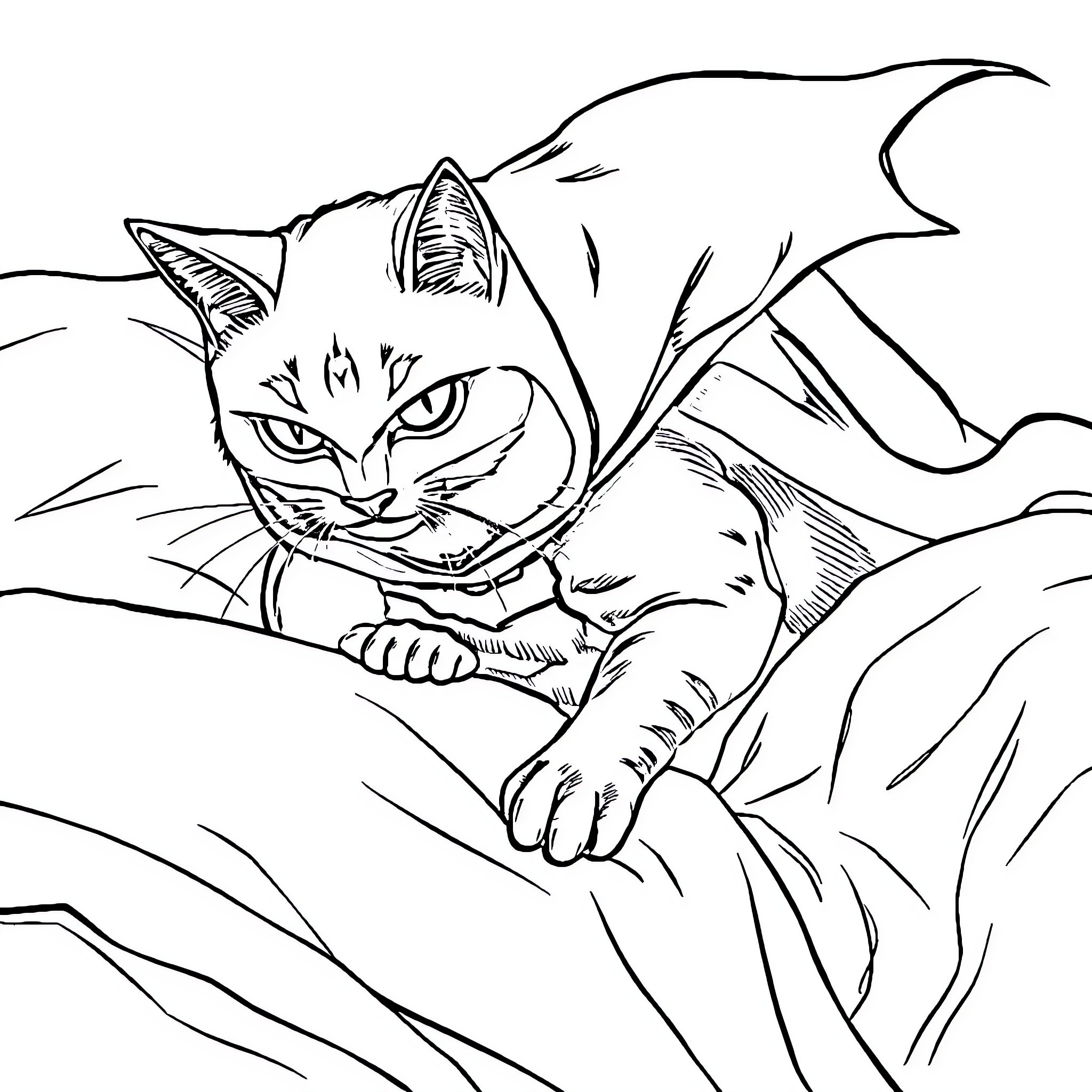 Gato resting peacefully in a cozy nook Coloring Page (free black-and-white line drawing printable PDF for all, from beginners to advanced learners, including children, teens, adults, and seniors)