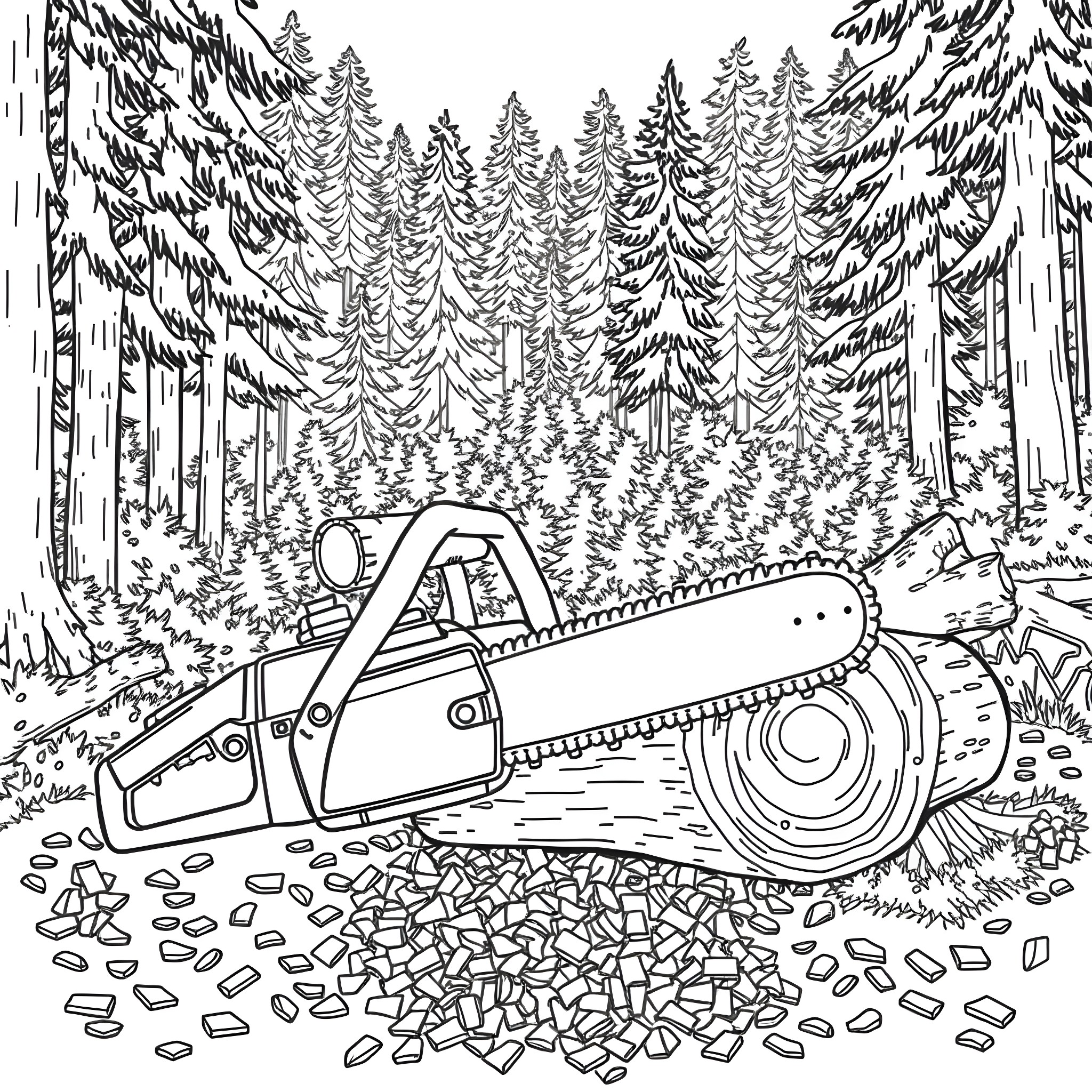 Chain Saw Cutting Through Fallen Trees in the Forest Coloring Page (free black-and-white line drawing printable PDF for all, from beginners to advanced learners, including children, teens, adults, and seniors)