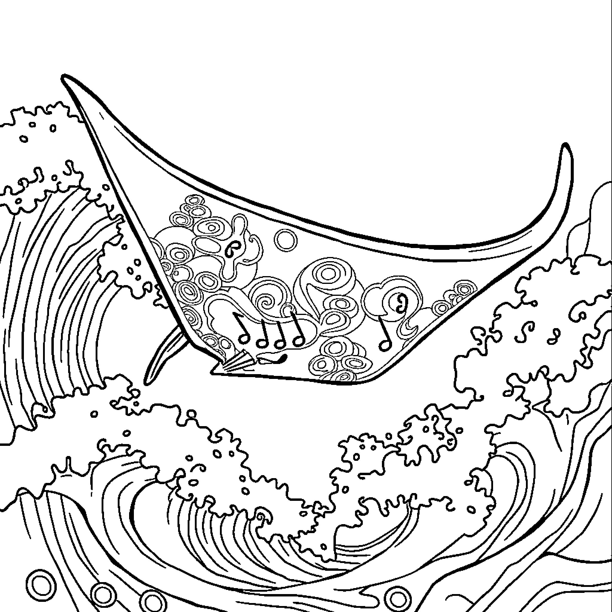 Manta Ray swimming gracefully among waves Coloring Page (free black-and-white line drawing printable PDF for all, from beginners to advanced learners, including children, teens, adults, and seniors)
