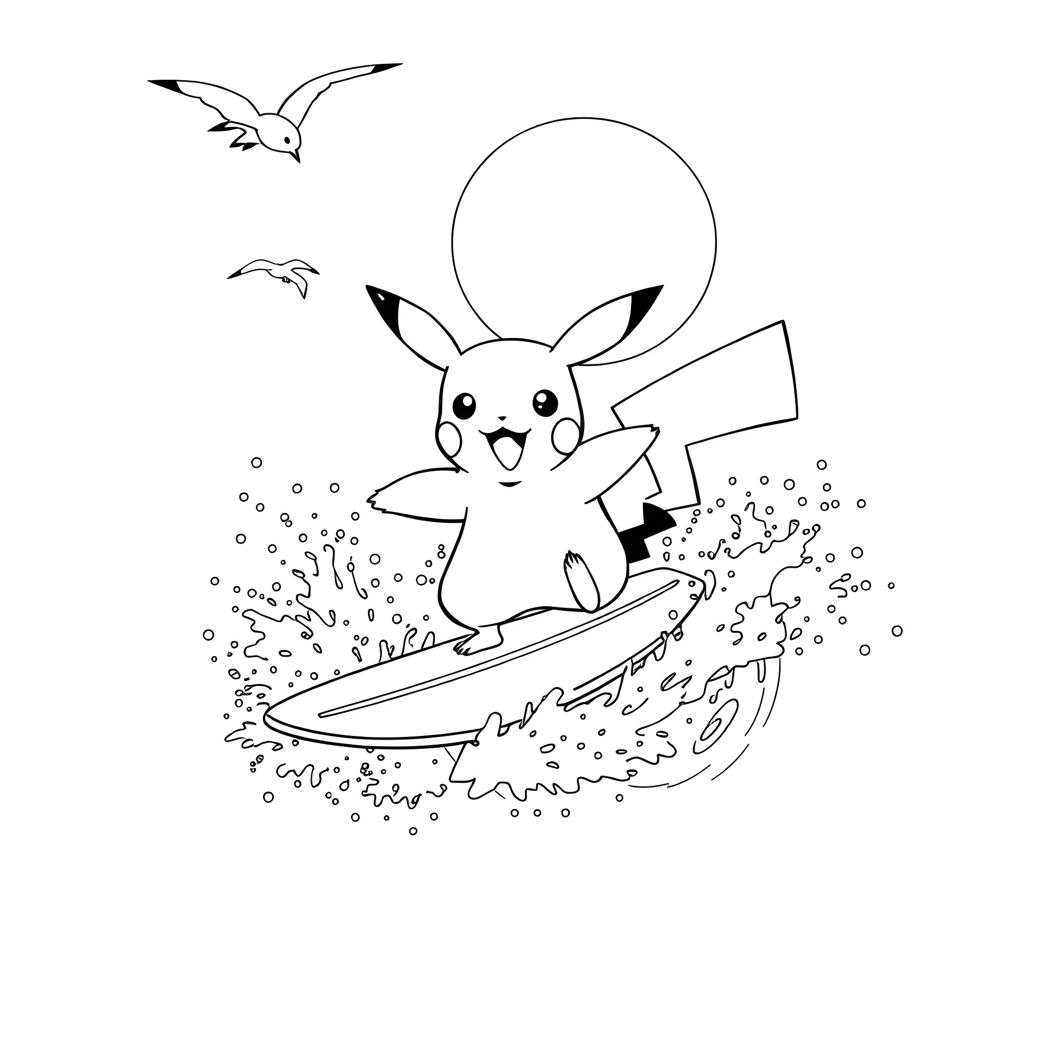 Pikachu surfing on the waves Coloring Page (free black-and-white line drawing printable PDF for all, from beginners to advanced learners, including children, teens, adults, and seniors)
