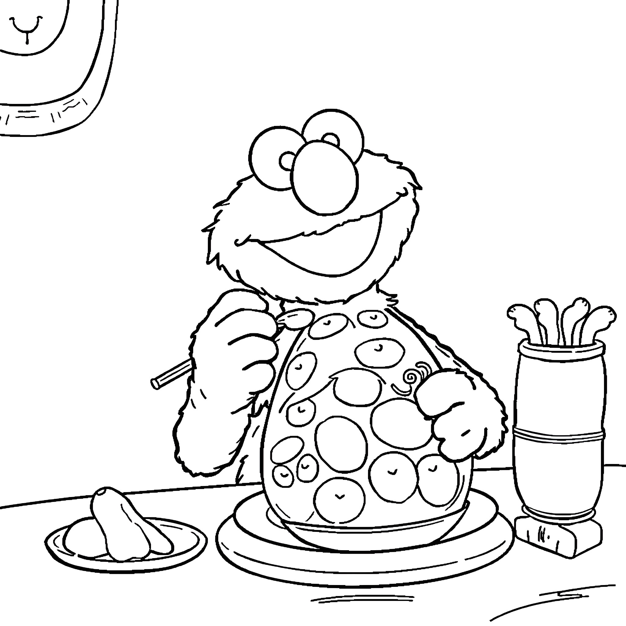 Elmo Enjoys a Delightful Picnic Coloring Page (free black-and-white line drawing printable PDF for all, from beginners to advanced learners, including children, teens, adults, and seniors)