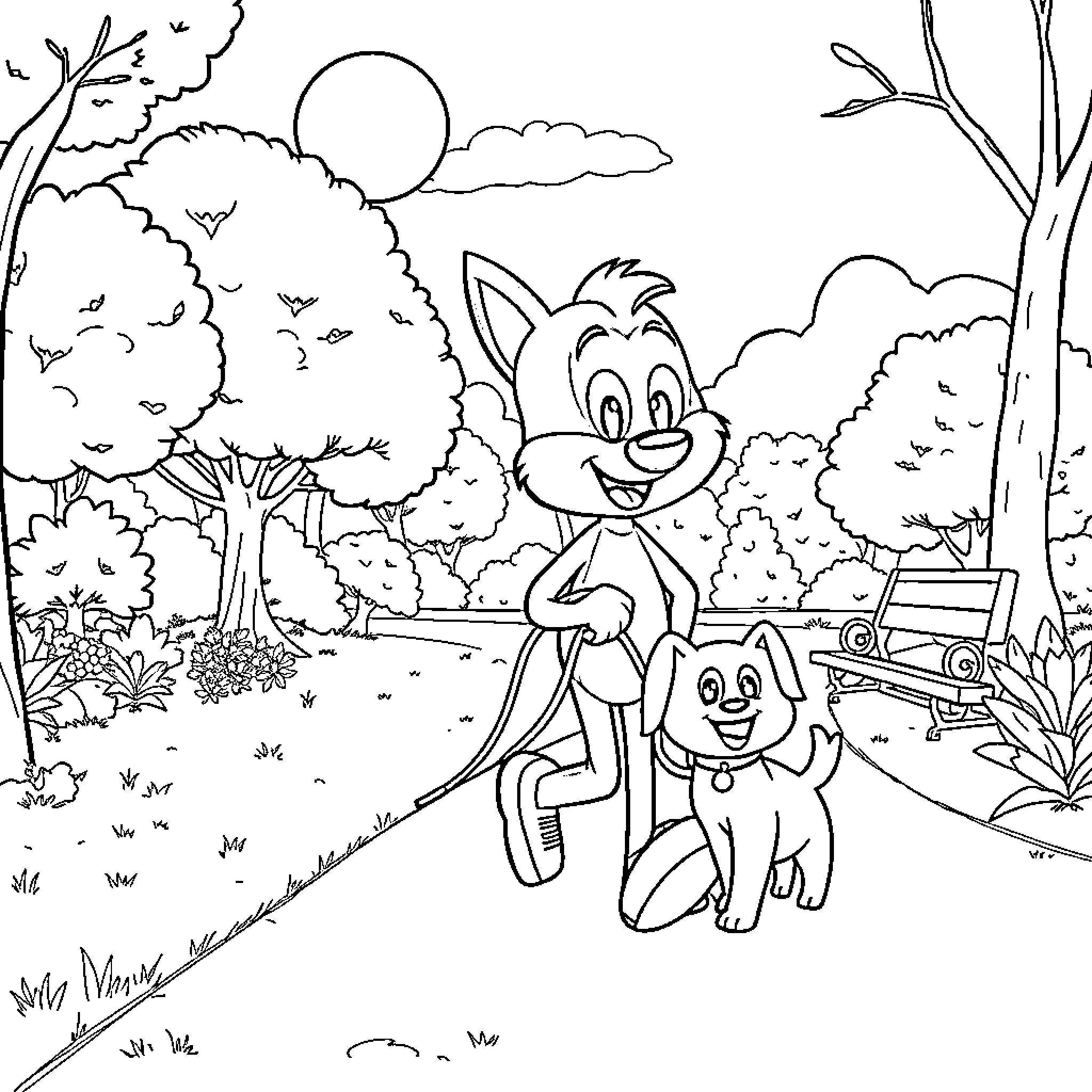 Bluey's Adventure in the Enchanted Forest Coloring Page (free black-and-white line drawing printable PDF for all, from beginners to advanced learners, including children, teens, adults, and seniors)