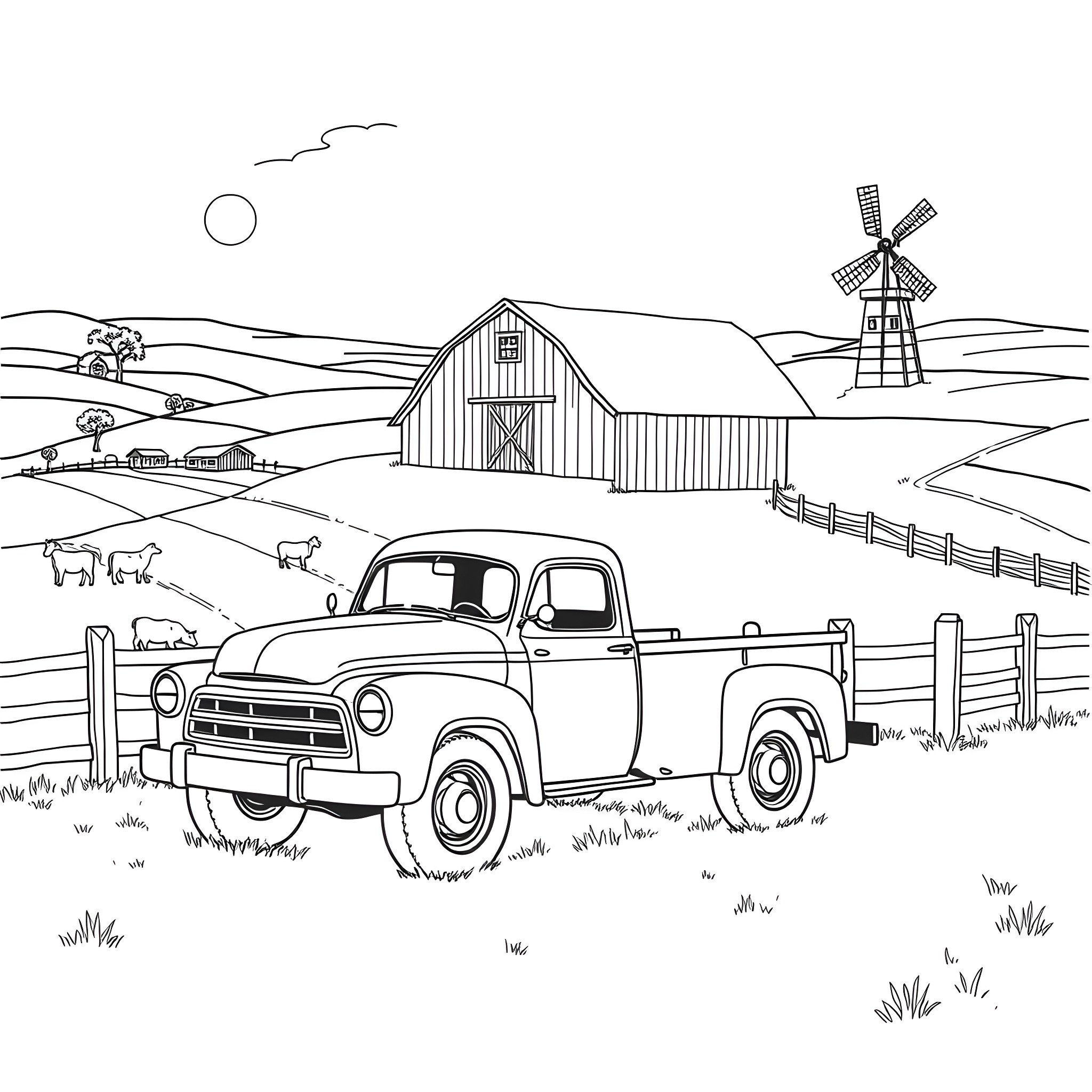 Truck on a rural farm landscape with a barn and windmill Coloring Page (free black-and-white line drawing printable PDF for all, from beginners to advanced learners, including children, teens, adults, and seniors)