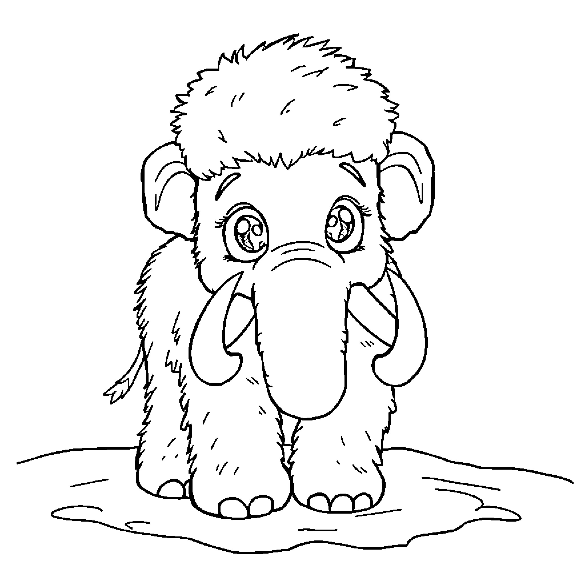 Mammoth cub with curious expression Coloring Page (free black-and-white line drawing printable PDF for all, from beginners to advanced learners, including children, teens, adults, and seniors)