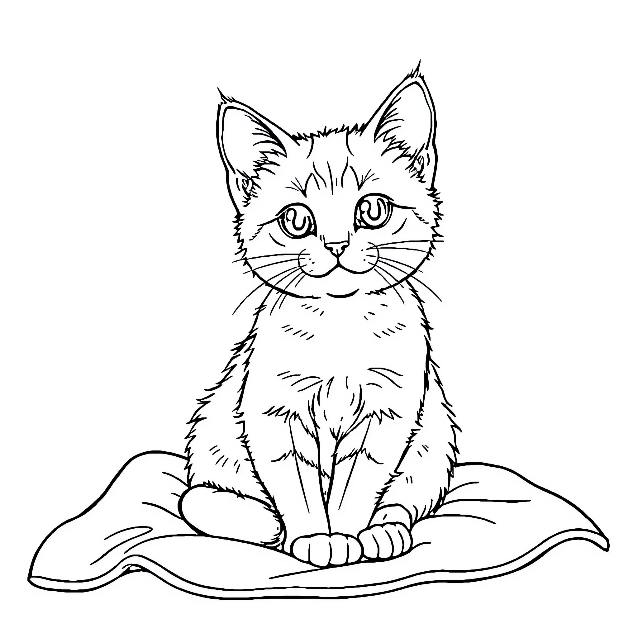 Cat sitting on a cushion Coloring Page (free black-and-white line drawing printable PDF for all, from beginners to advanced learners, including children, teens, adults, and seniors)