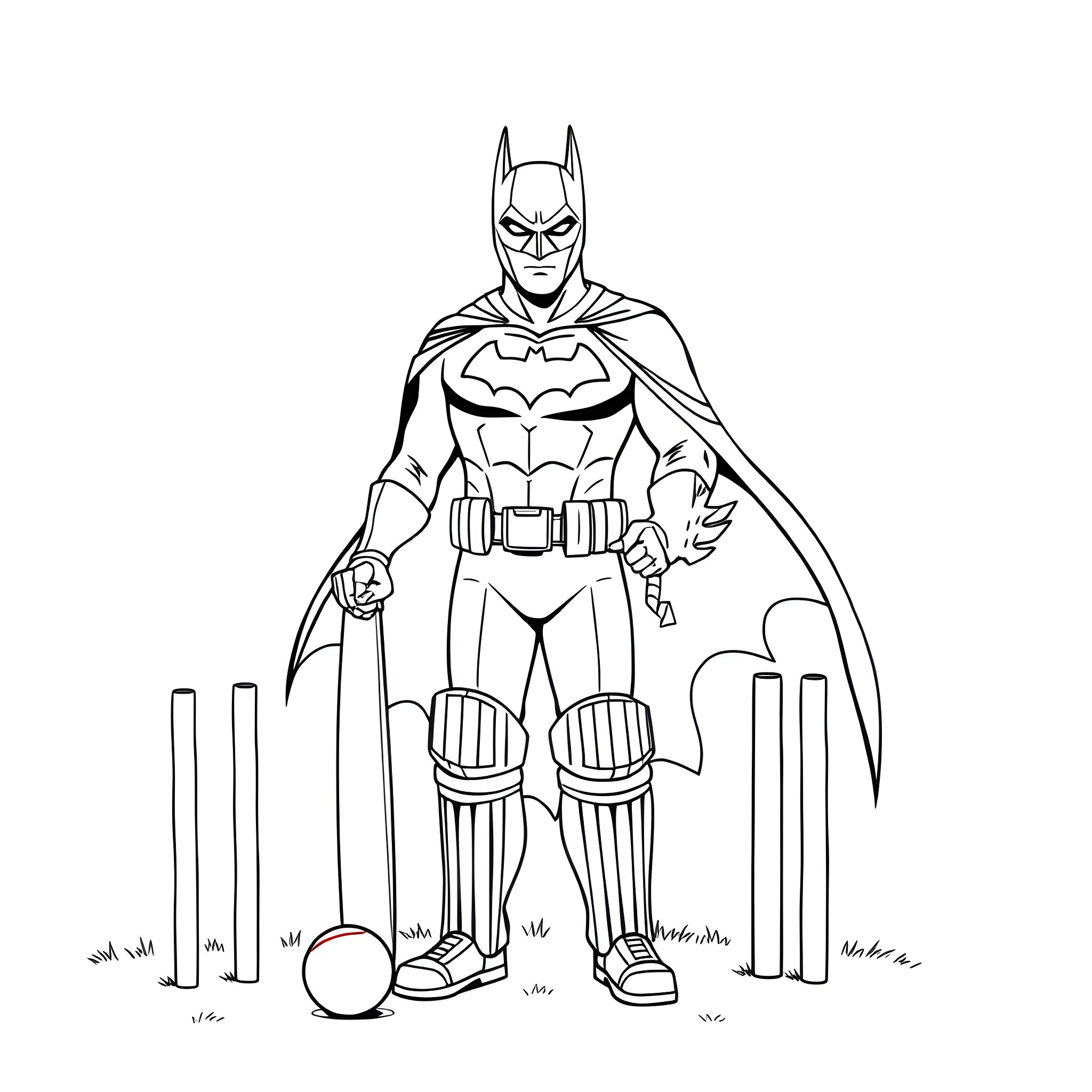 Batman with Bat symbol cape on the field Coloring Page (free black-and-white line drawing printable PDF for all, from beginners to advanced learners, including children, teens, adults, and seniors)