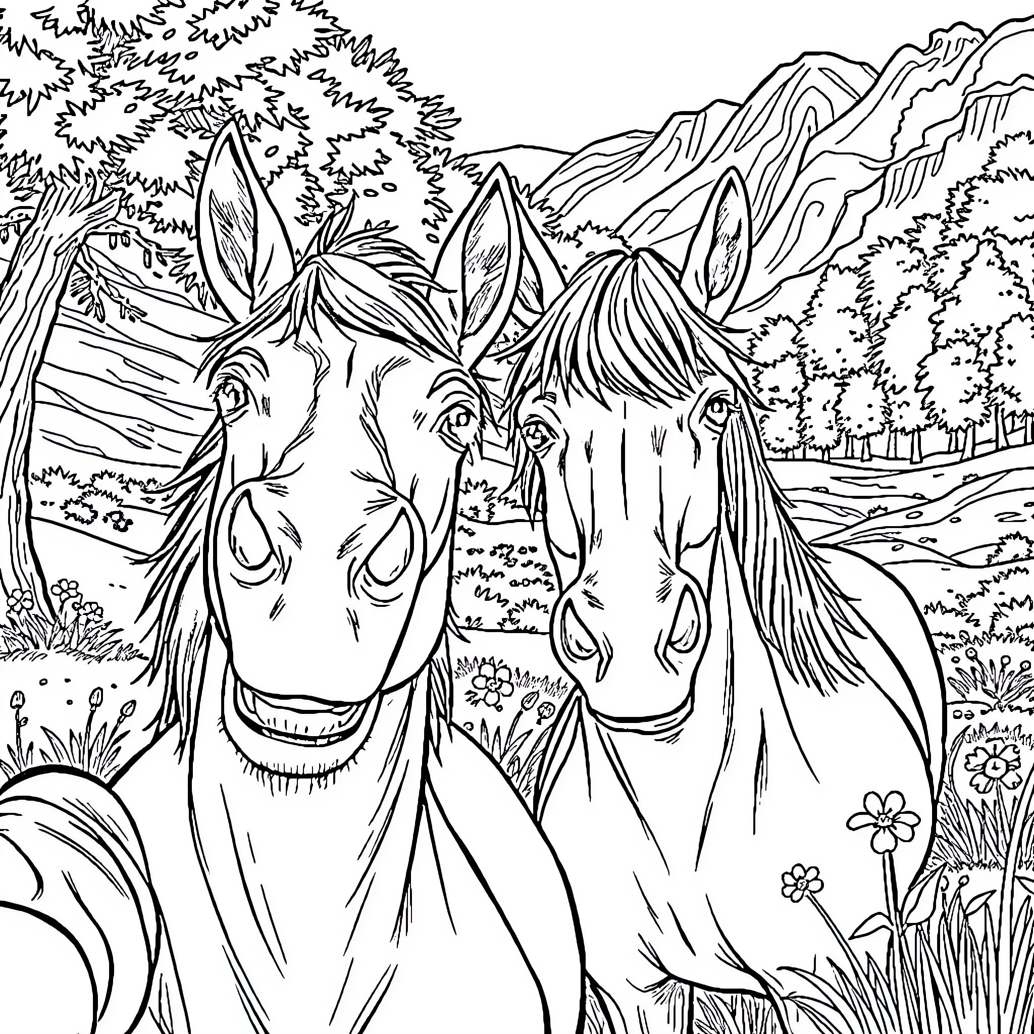 Bull Companions Exploring the Mountainous Wilderness Coloring Page (free black-and-white line drawing printable PDF for all, from beginners to advanced learners, including children, teens, adults, and seniors)