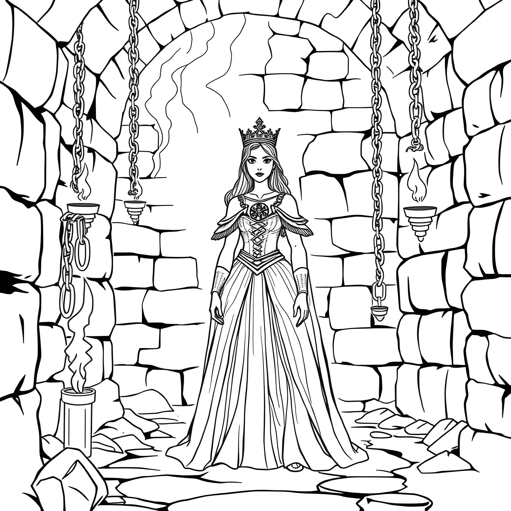 Princess in a grand castle hallway Coloring Page (free black-and-white line drawing printable PDF for all, from beginners to advanced learners, including children, teens, adults, and seniors)