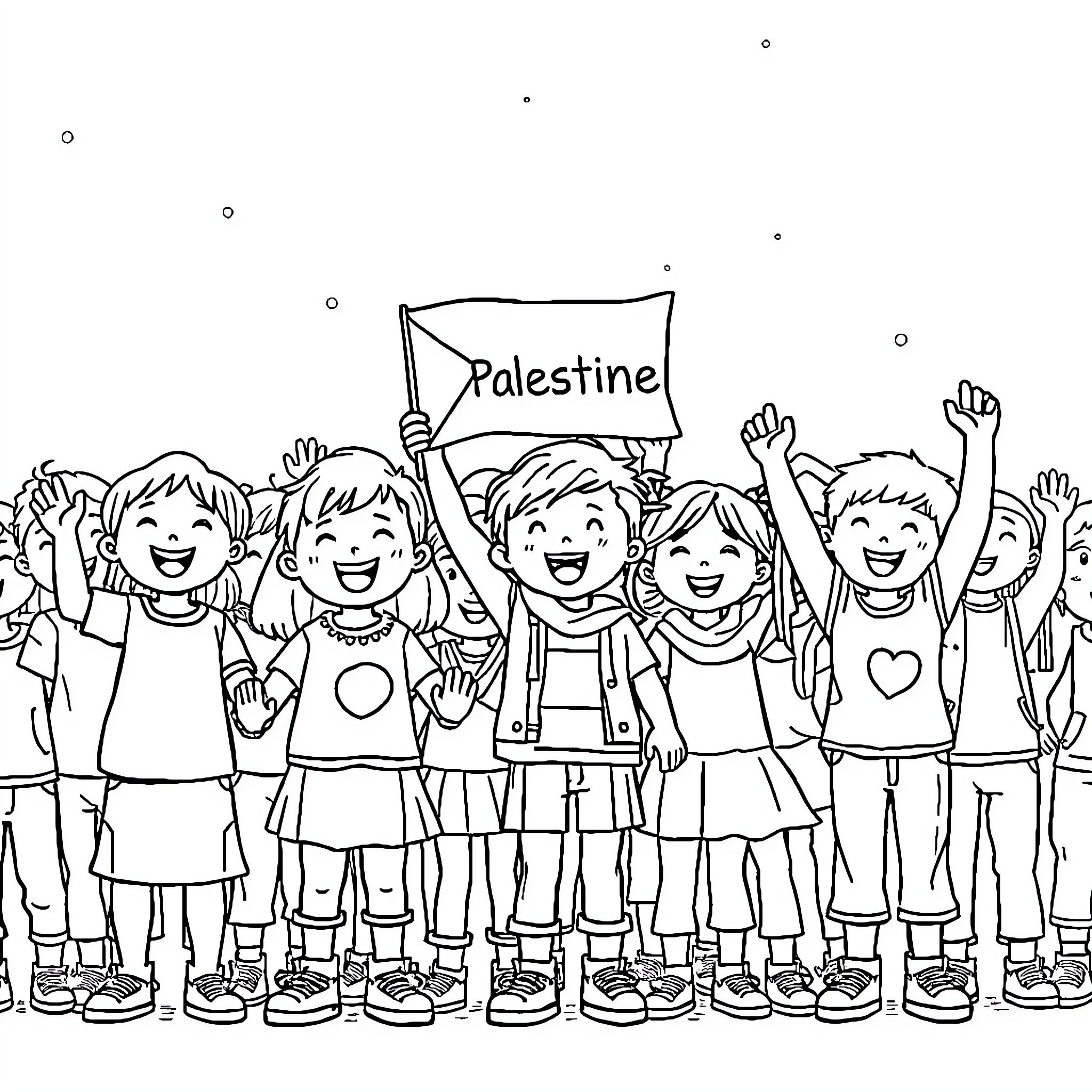 Kid waving flags and cheering for Palestine Coloring Page (free black-and-white line drawing printable PDF for all, from beginners to advanced learners, including children, teens, adults, and seniors)