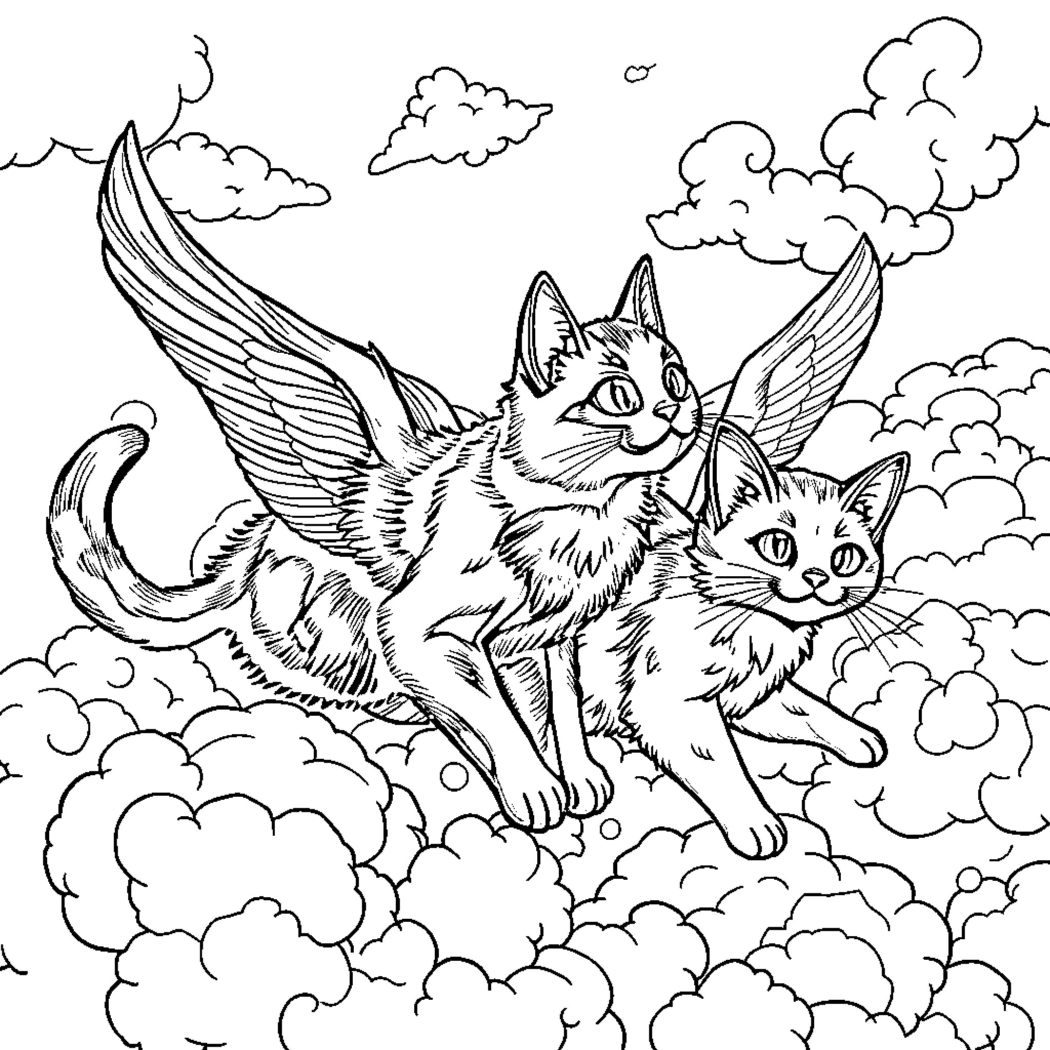 Cats with wings soaring through the clouds Coloring Page (free black-and-white line drawing printable PDF for all, from beginners to advanced learners, including children, teens, adults, and seniors)