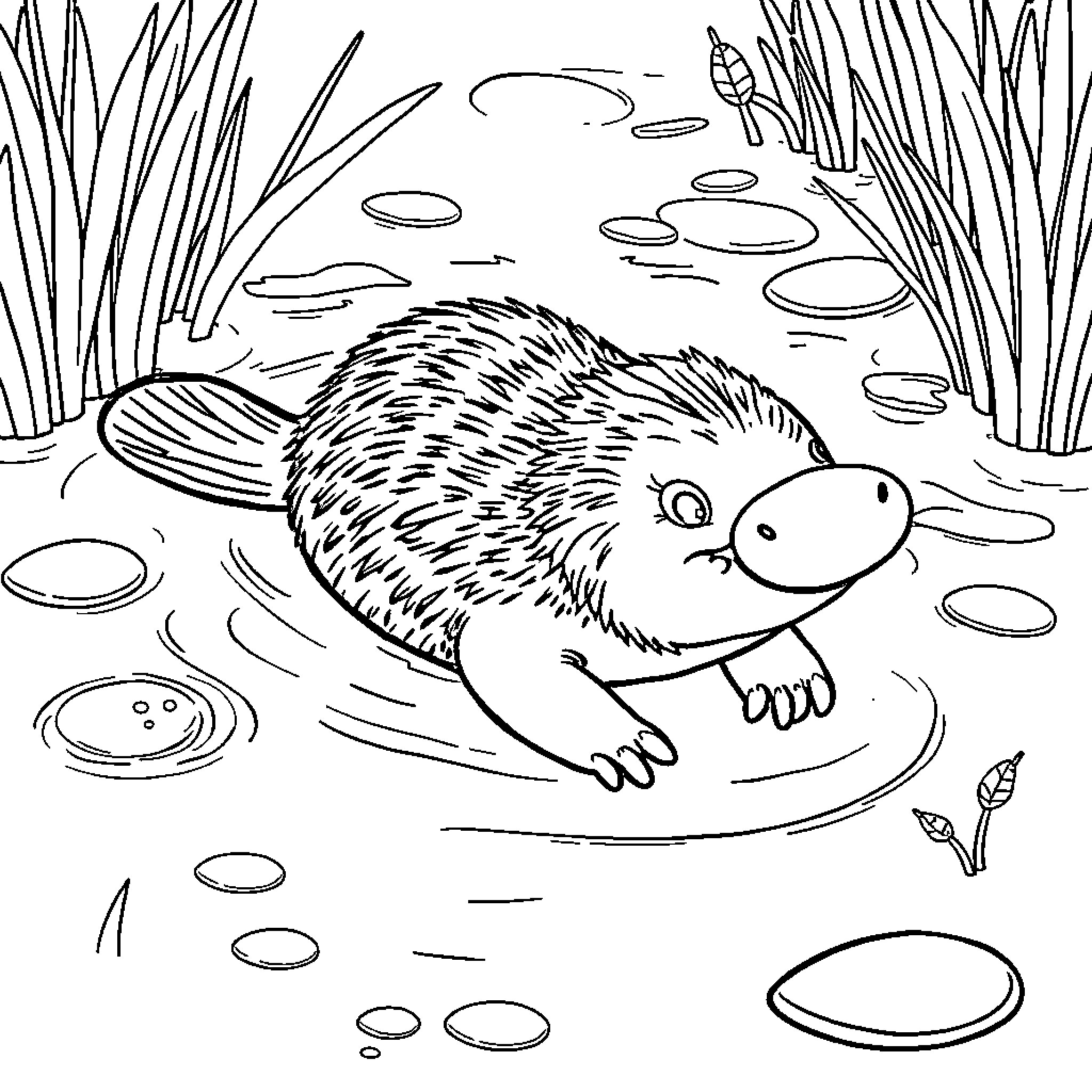 Platypus swimming in pond with aquatic plants Coloring Page (free black-and-white line drawing printable PDF for all, from beginners to advanced learners, including children, teens, adults, and seniors)
