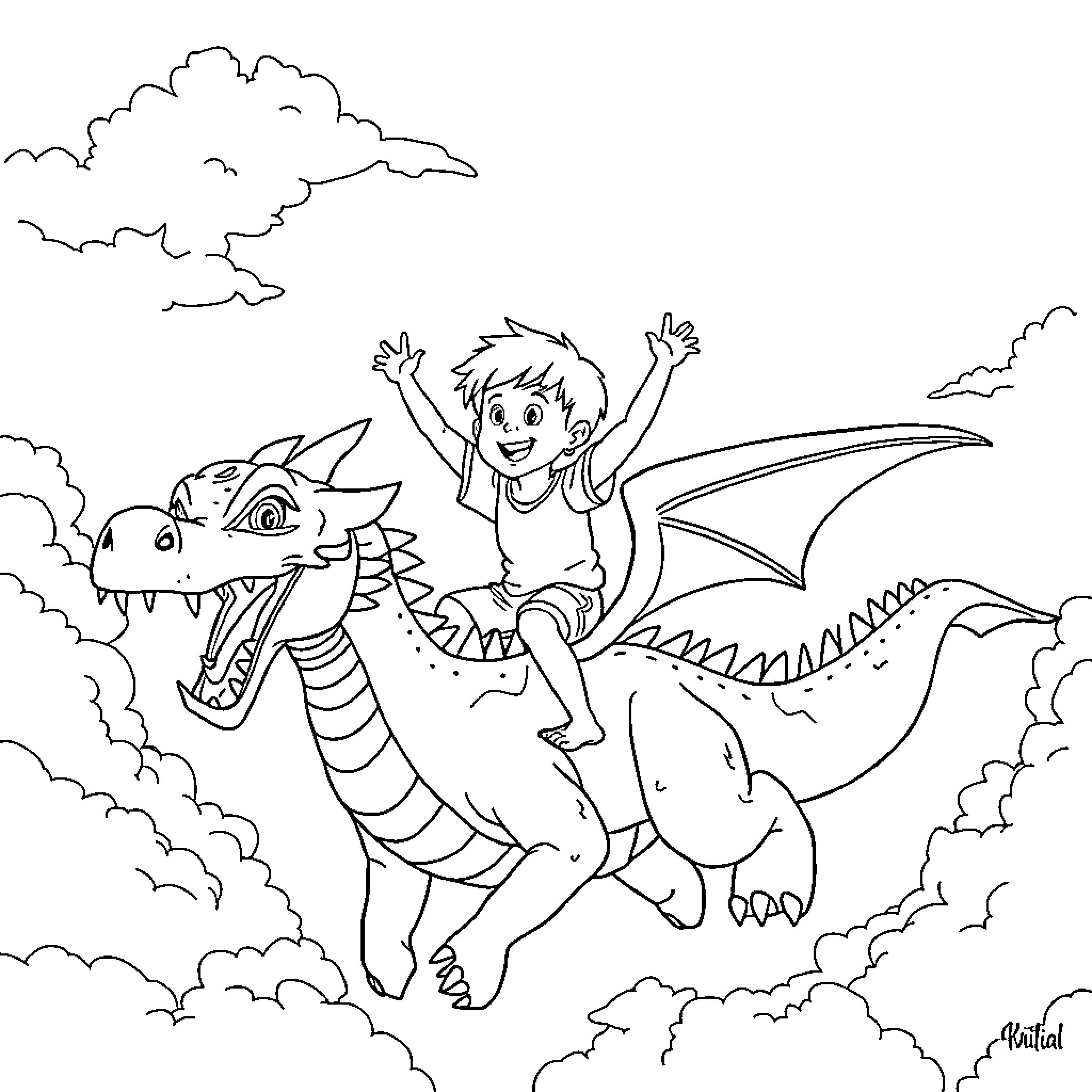Boy riding a dragon in the sky Coloring Page (free black-and-white line drawing printable PDF for all, from beginners to advanced learners, including children, teens, adults, and seniors)