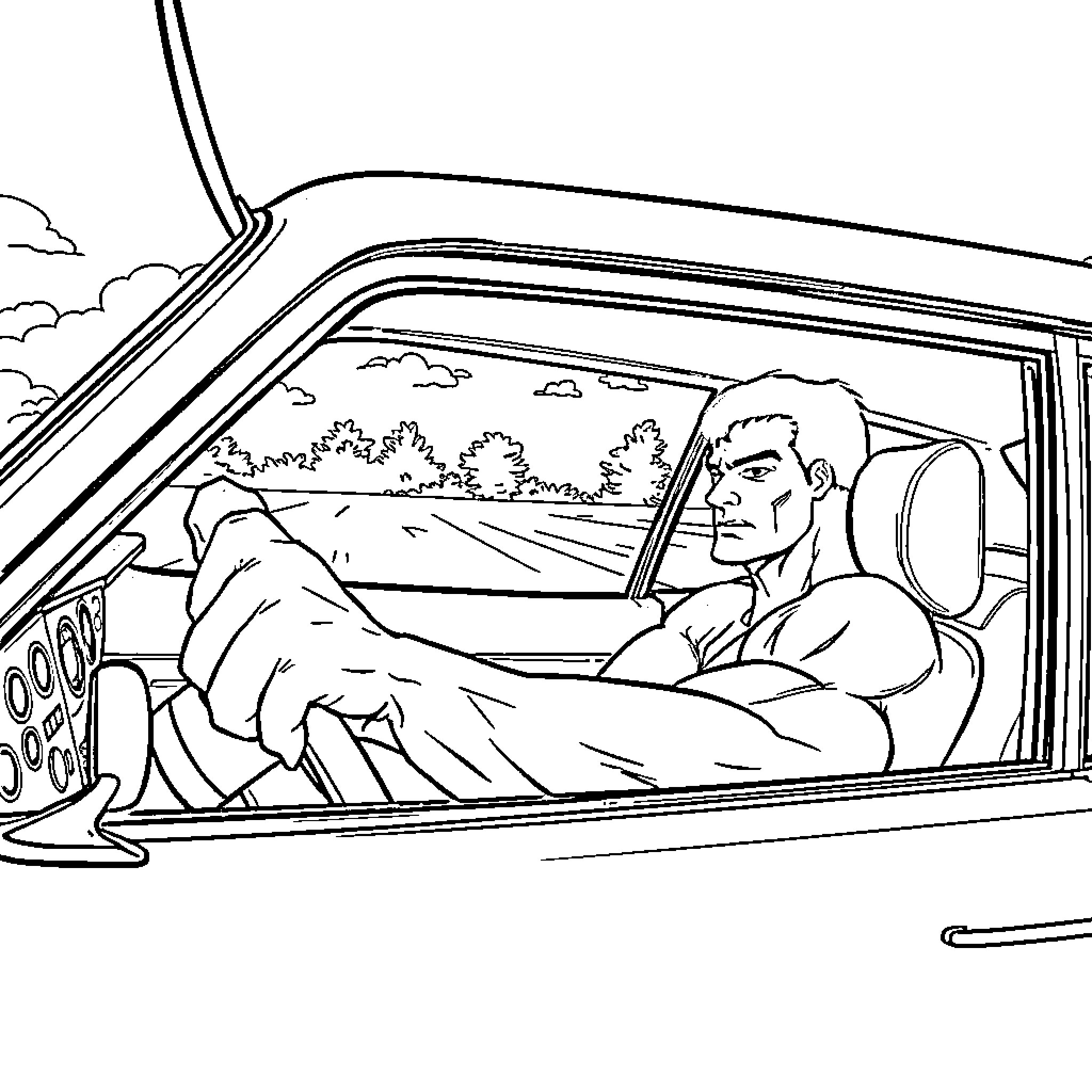 Hulk driving a car through the countryside Coloring Page (free black-and-white line drawing printable PDF for all, from beginners to advanced learners, including children, teens, adults, and seniors)