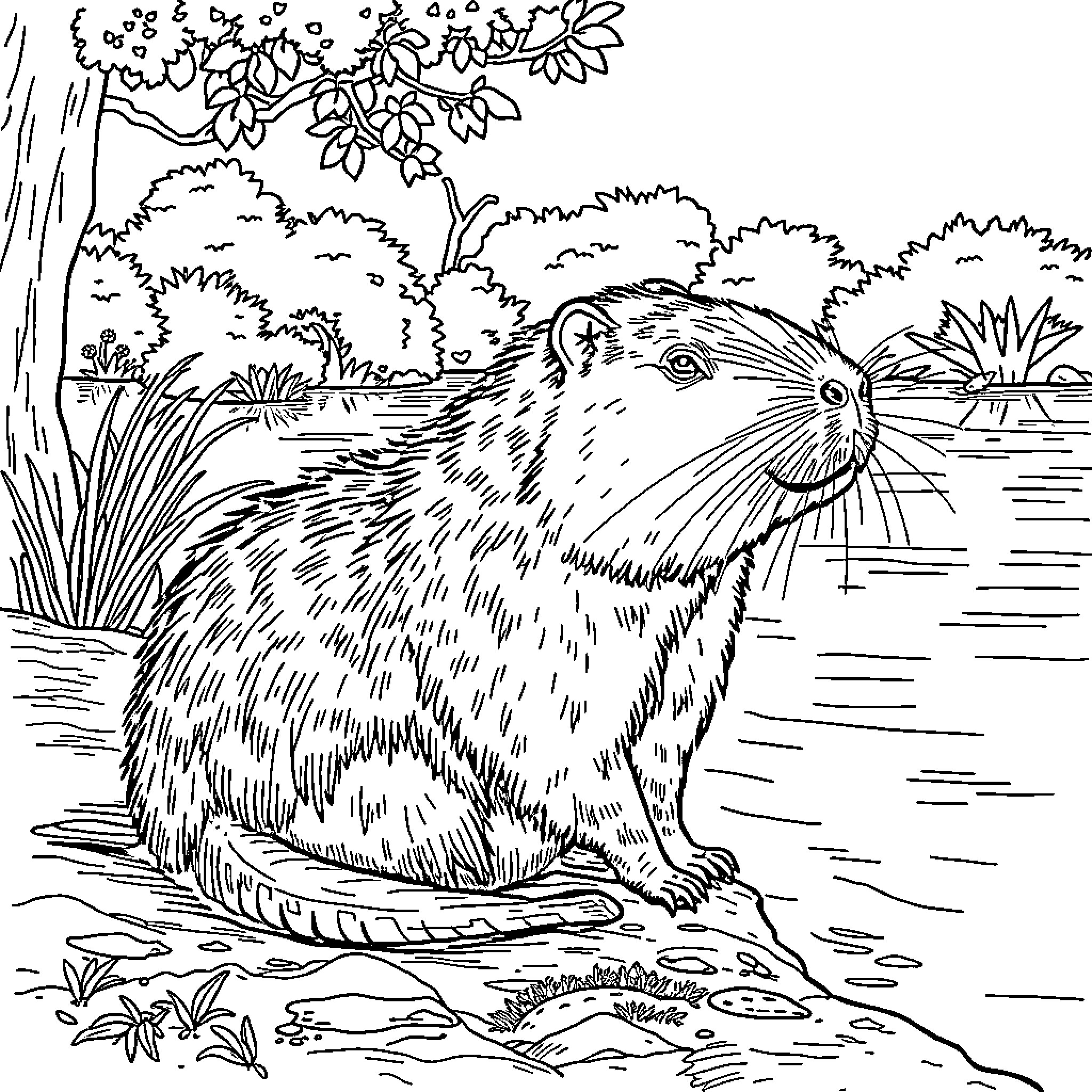 Capybara relaxing in a natural habitat Coloring Page (free black-and-white line drawing printable PDF for all, from beginners to advanced learners, including children, teens, adults, and seniors)