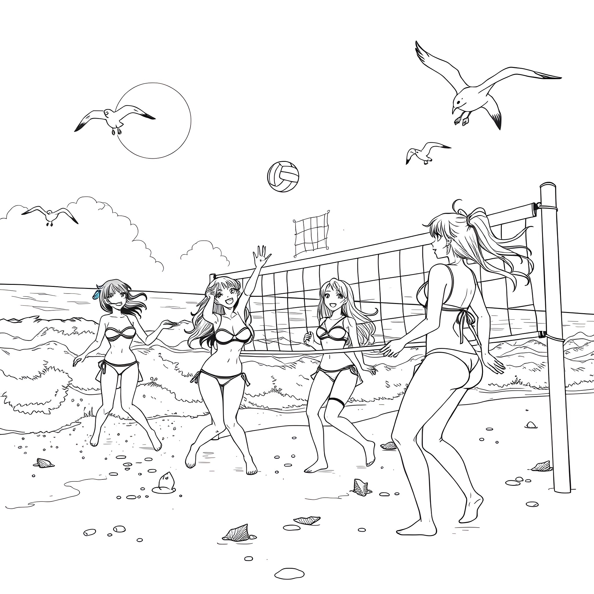 Anime Girls Playing Beach Volleyball Coloring Page (free black-and-white line drawing printable PDF for all, from beginners to advanced learners, including children, teens, adults, and seniors)